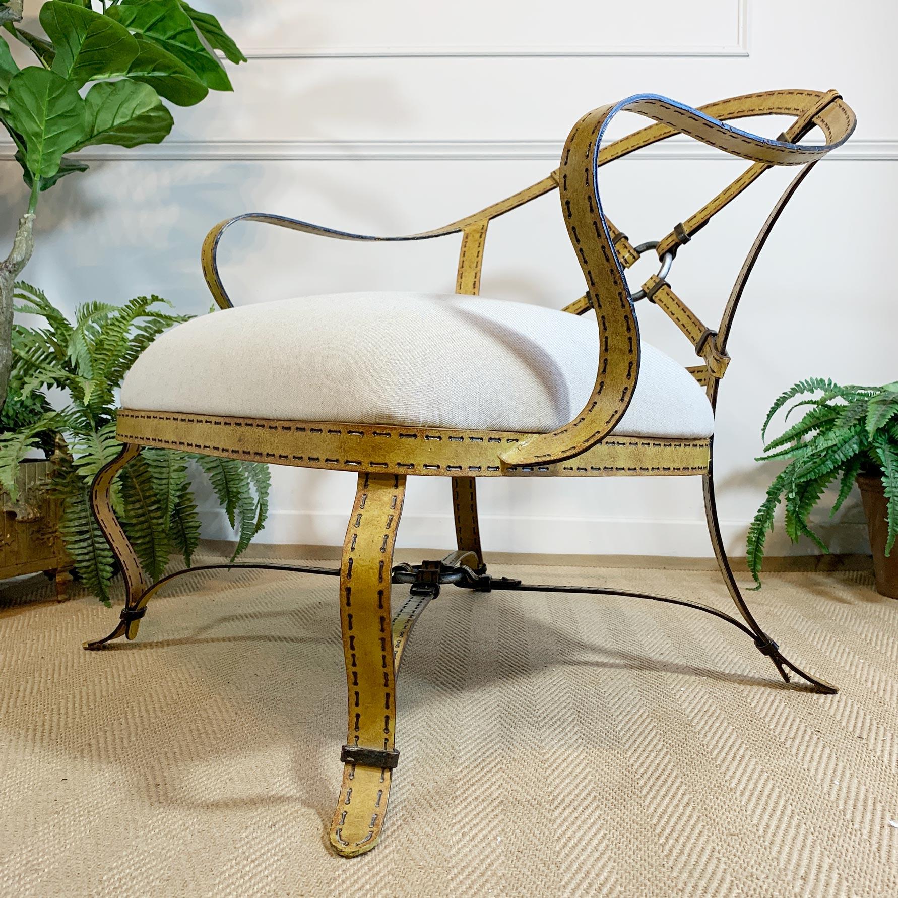 Italian Hermés/Adnet style Trompe L’oeil Yellow Strapwork Iron Faux Leather Chair For Sale