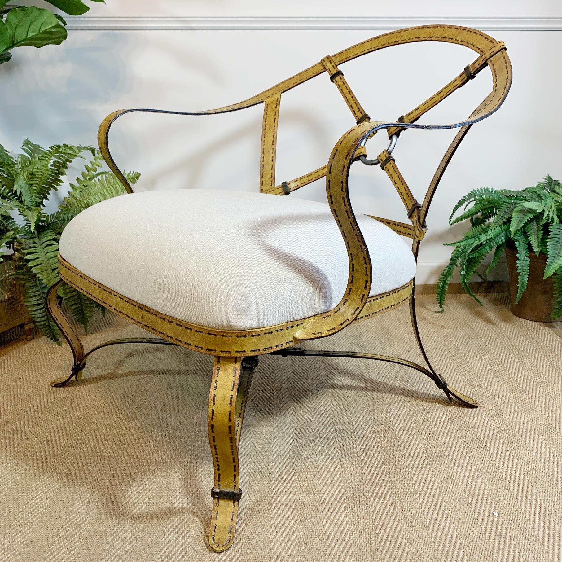 Late 20th Century Hermés/Adnet style Trompe L’oeil Yellow Strapwork Iron Faux Leather Chair For Sale