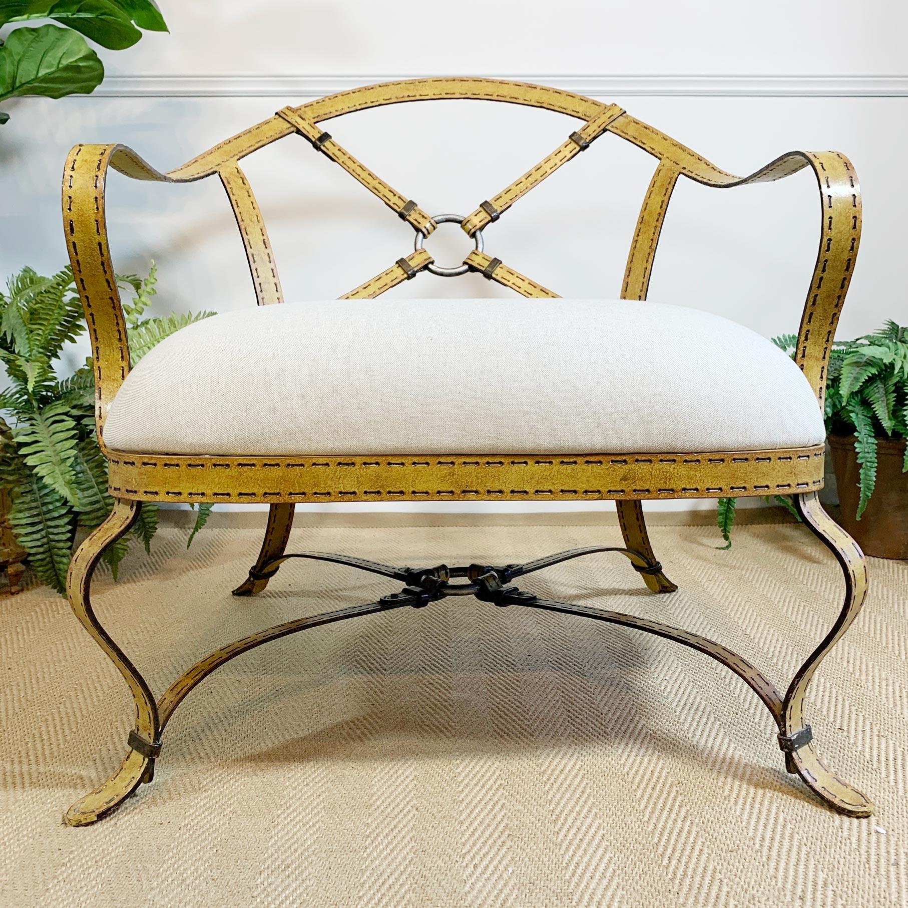 Hermés/Adnet style Trompe L’oeil Yellow Strapwork Iron Faux Leather Chair 1
