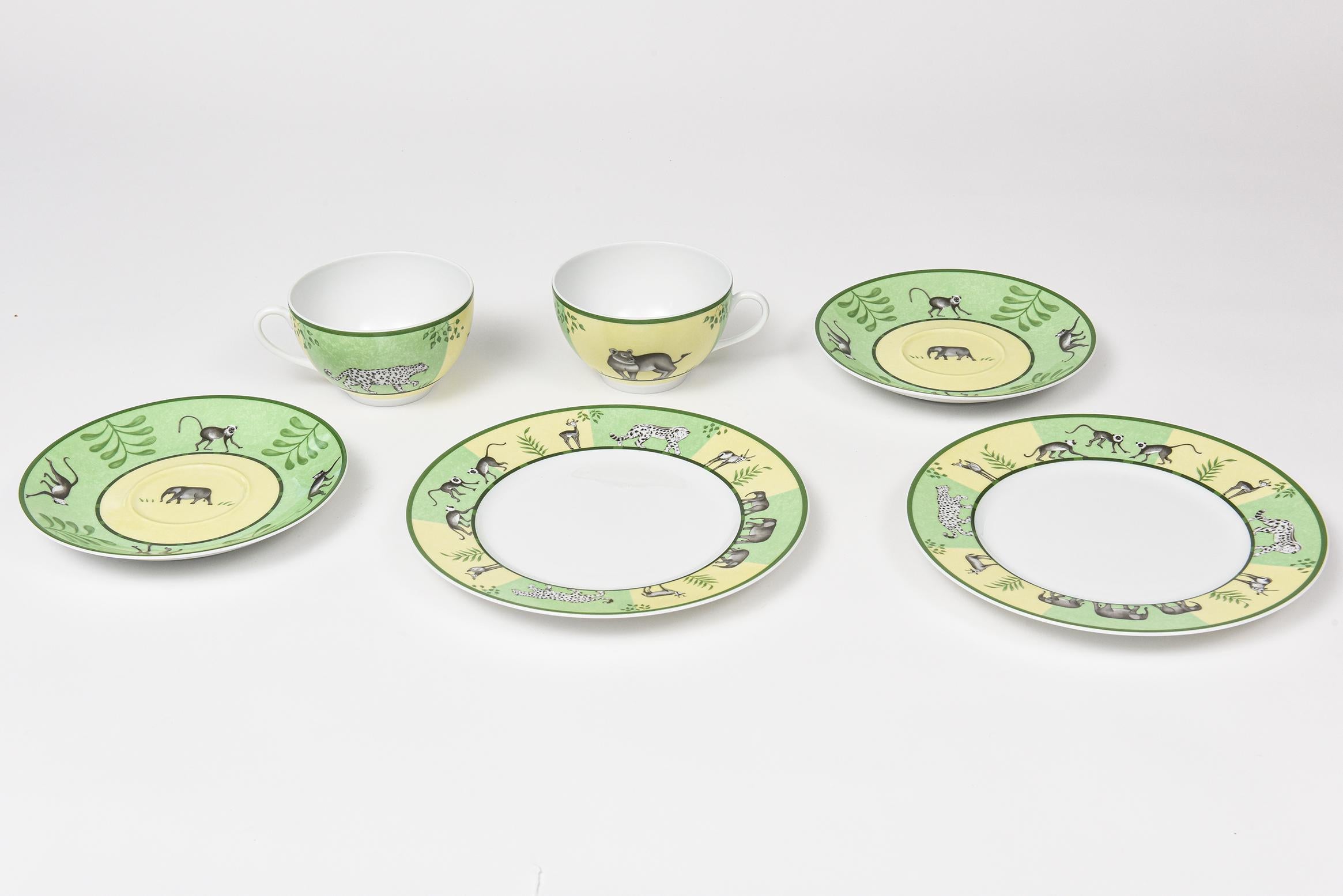 French Hermes Africa Green Morning Breakfast Set, Pair of Cup with Saucer and Plate