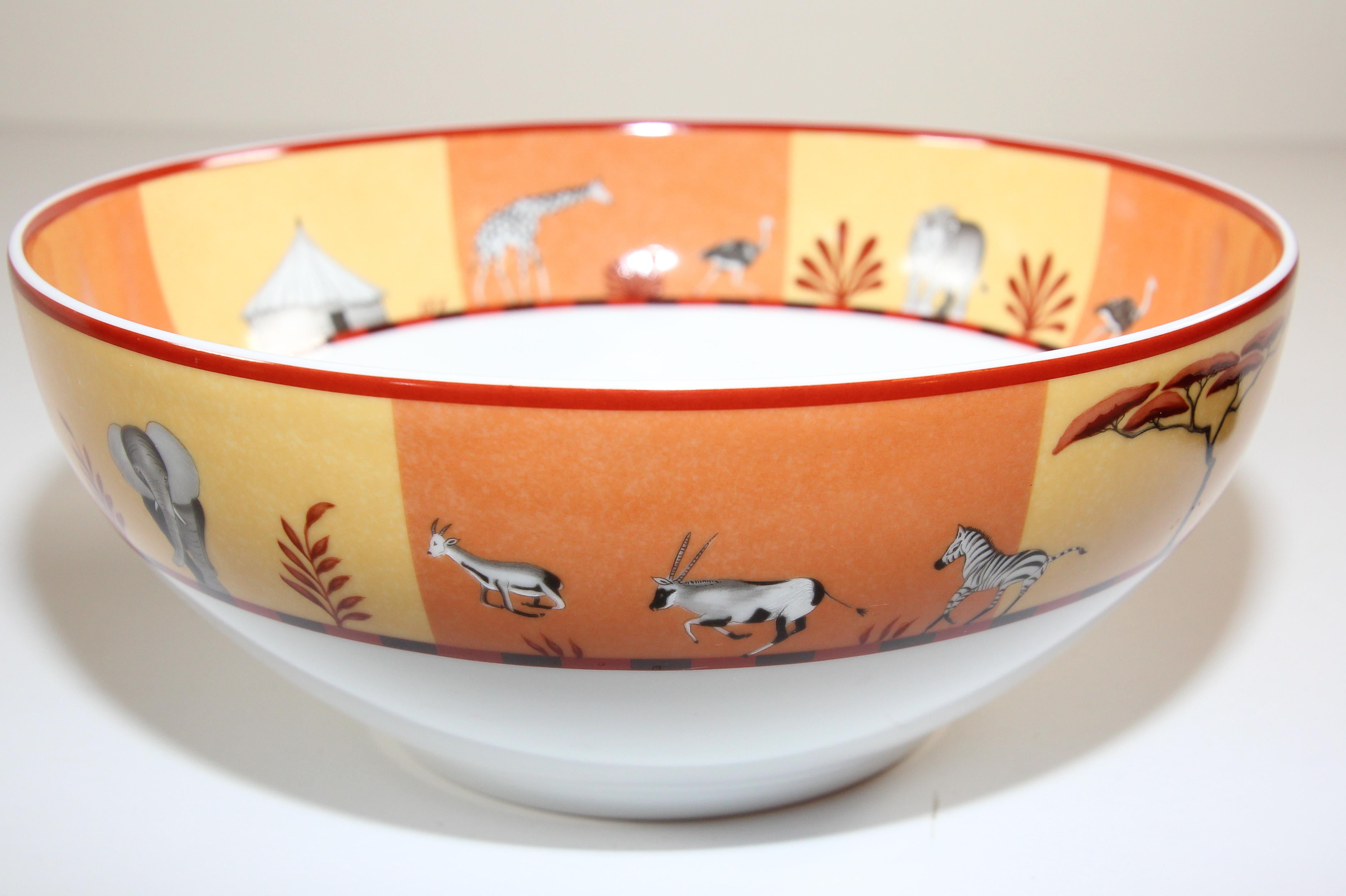 French Hermès Africa Orange Large Porcelain Salad Bowl with Safari Design