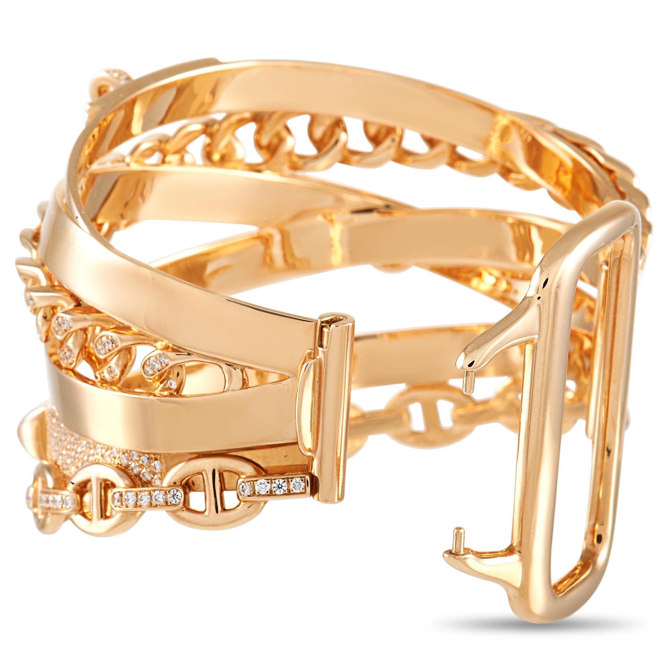 This Hermes Alchimie Bracelet is a piece that pays homage to some of the brand’s most iconic designs. Crafted from 18K Rose Gold, the dynamic design is elevated by inset diamonds totaling 4.71 carats. This singular bracelet measures 7.85” long and