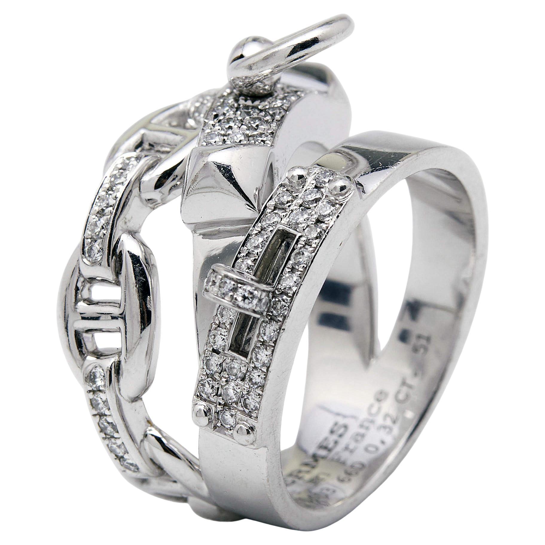 Hermes Alchimie Hermes Diamonds 18k White Gold Large Model Charm Ring Size 51