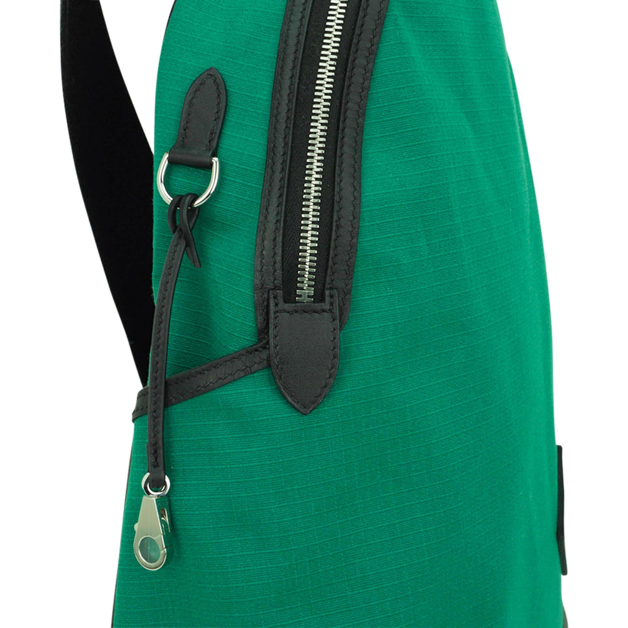 Hermes Allback Backpack Green Canvas Black Swift Leather Palladium Hardware For Sale 5