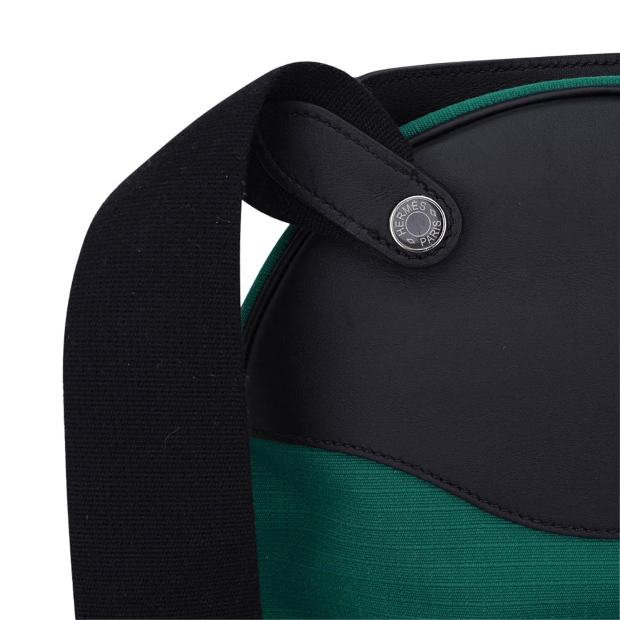 Hermes Allback Backpack Green Canvas Black Swift Leather Palladium Hardware For Sale 8