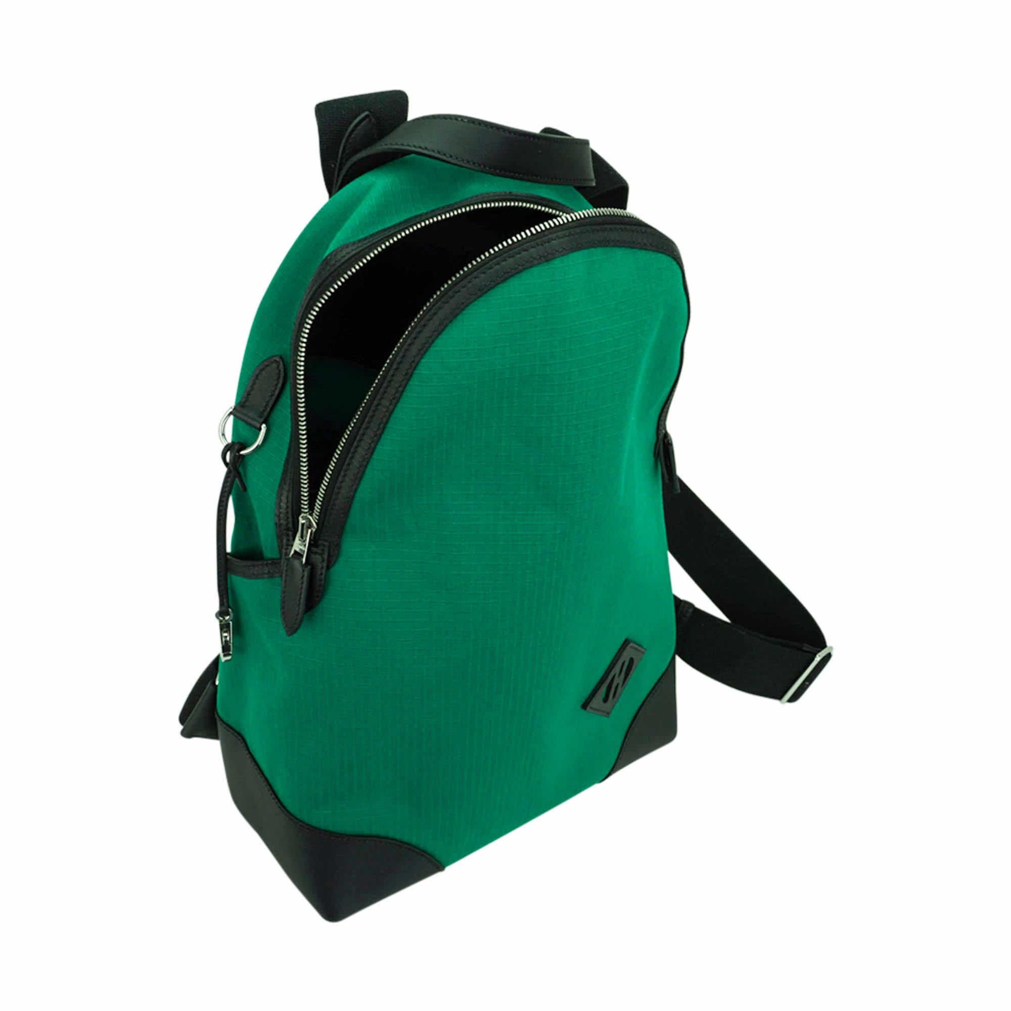 Hermes Allback Backpack Green Canvas Black Swift Leather Palladium Hardware For Sale 1