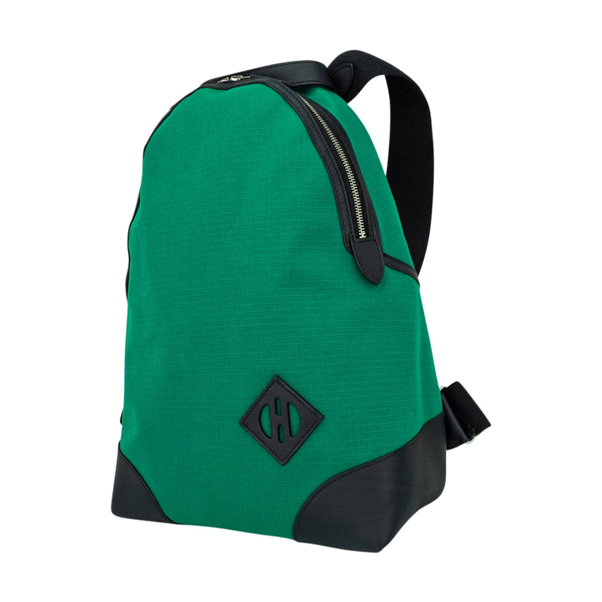 Hermes Allback Backpack Green Canvas Black Swift Leather Palladium Hardware For Sale 3