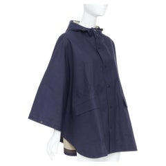 HERMES Allure navy blue waterproof cotton hooded utility rain cape poncho XS