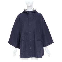 HERMES Allure navy blue waterproof cotton hooded utility rain cape poncho XS