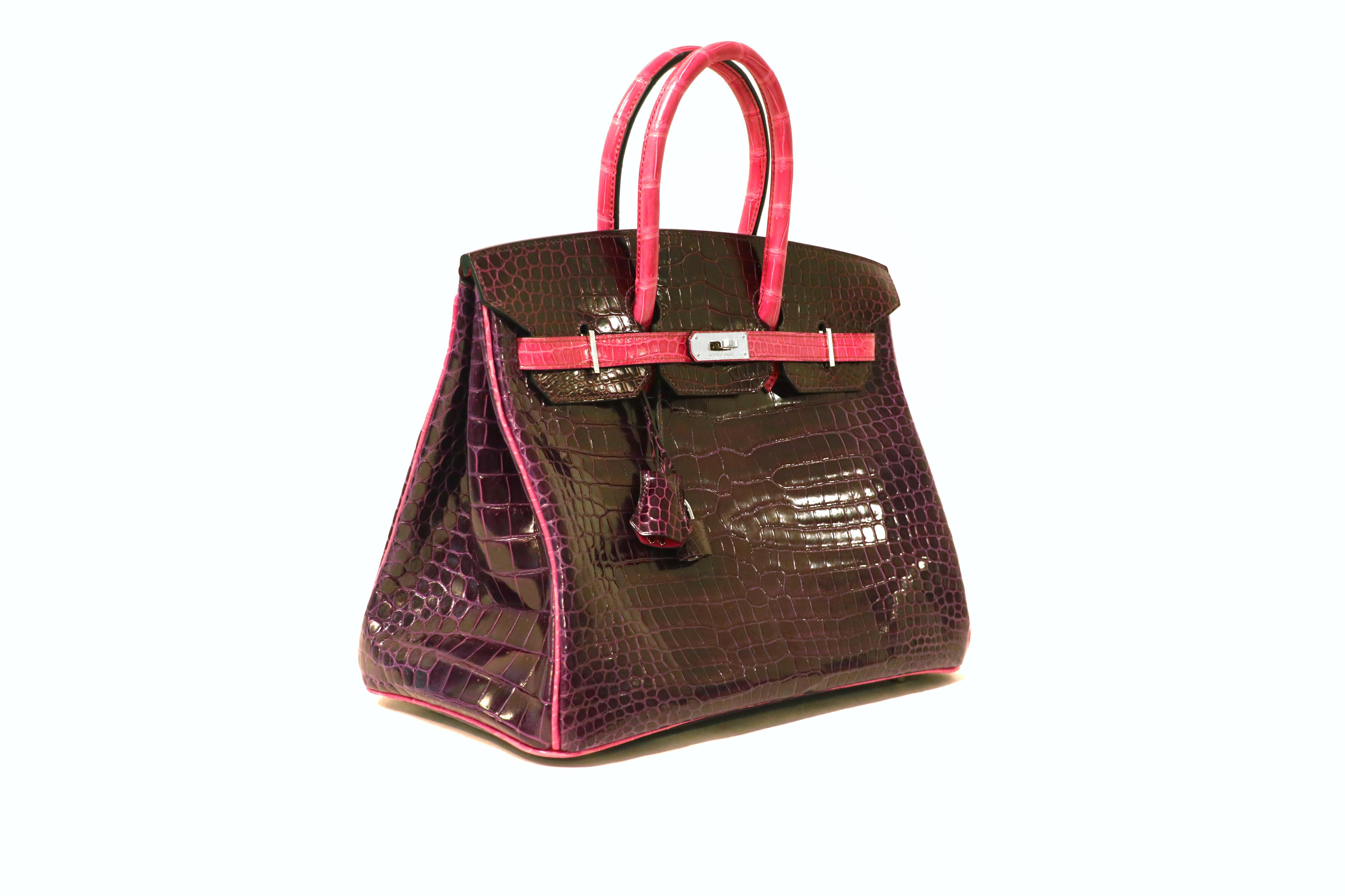 This authentic Hermès Amethyst and Fuchsia Porosus Crocodile 35 cm Birkin is in pristine condition with protective plastic on the hardware.  Hermès bags are considered the ultimate luxury item the world over.  Hand stitched by skilled craftsmen,