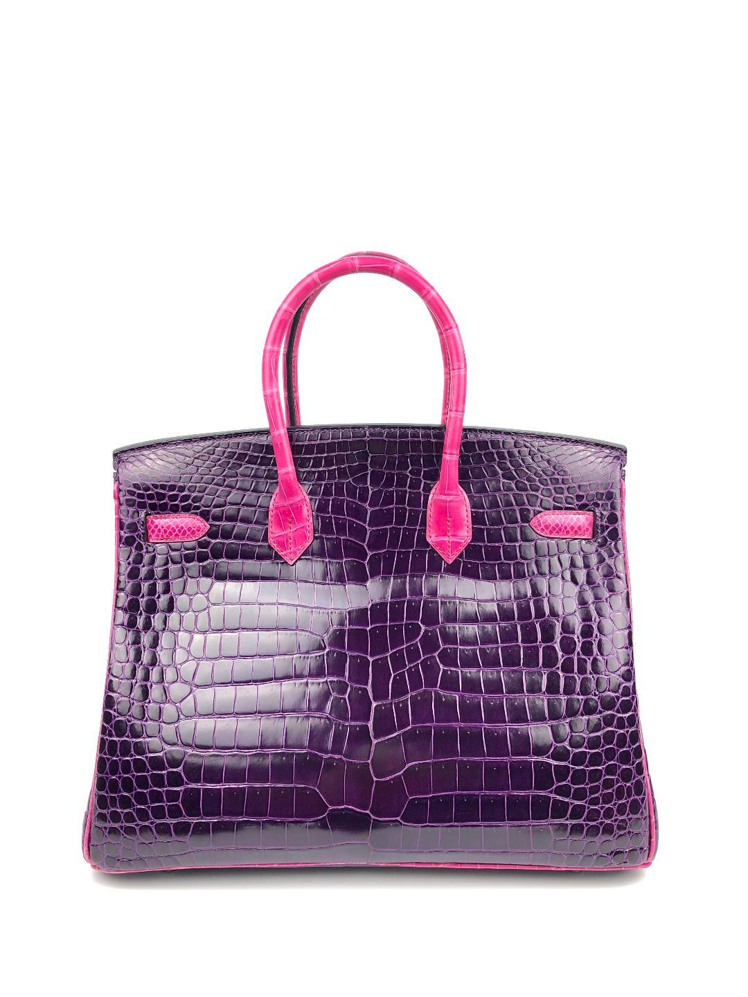 This authentic Hermès Amethyst and Rose Scheherazade Porosus Crocodile 35 cm Birkin is in pristine as new condition with the plastic intact on much of the hardware.   Hermès bags are considered the ultimate luxury item the world over.  Hand stitched