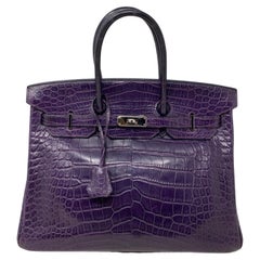 Vintage Hermes Amethyst Purple Crocodile Birkin 35 Bag 