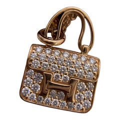 Hermes Amulettes Constance Pendant Necklace 18K Rose Gold Pave Diamonds
