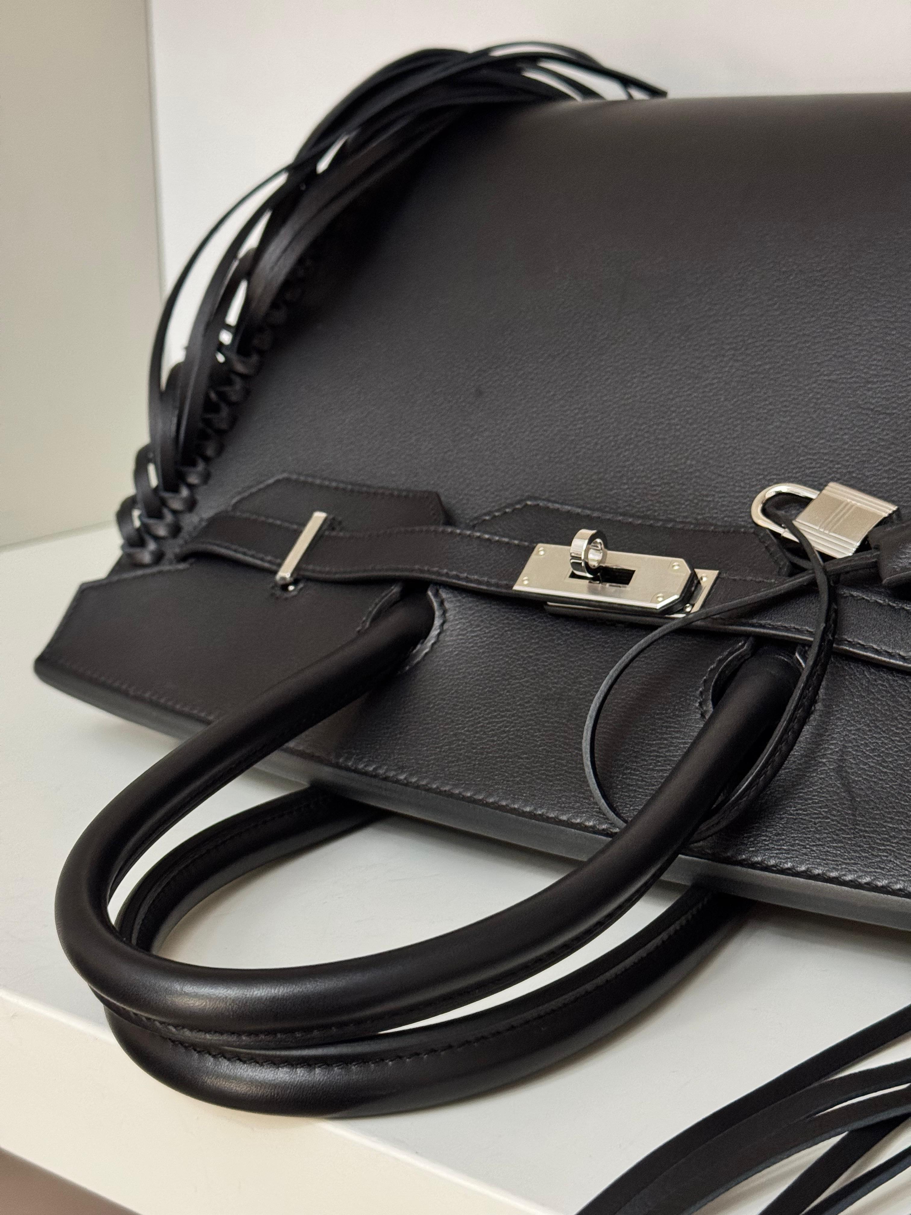 Hermes Anate Fringe Birkin 35  Black Evergrain Handbag In Excellent Condition For Sale In London, England