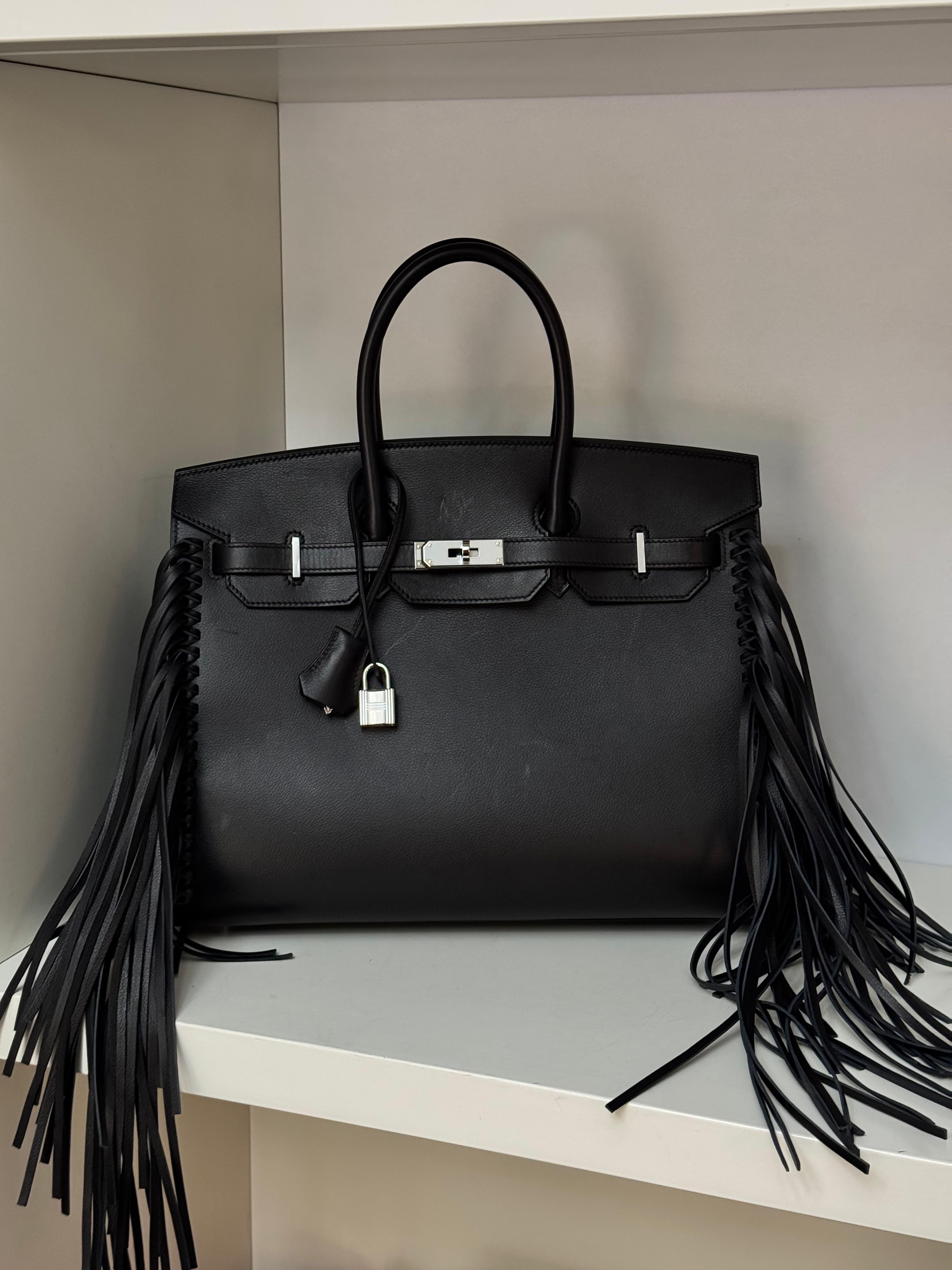Women's or Men's Hermes Anate Fringe Birkin 35  Black Evergrain Handbag For Sale