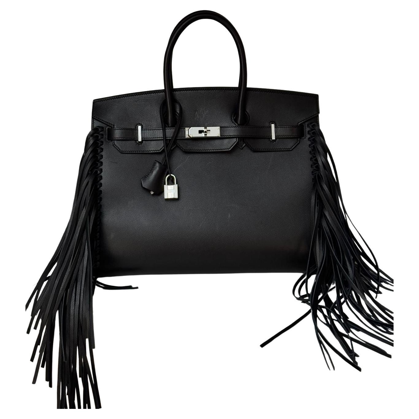 Hermes Anate Fringe Birkin 35  Black Evergrain Handbag For Sale