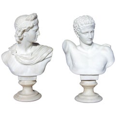 Hermes and Apollo a Pair of 19th Century Marble Busts