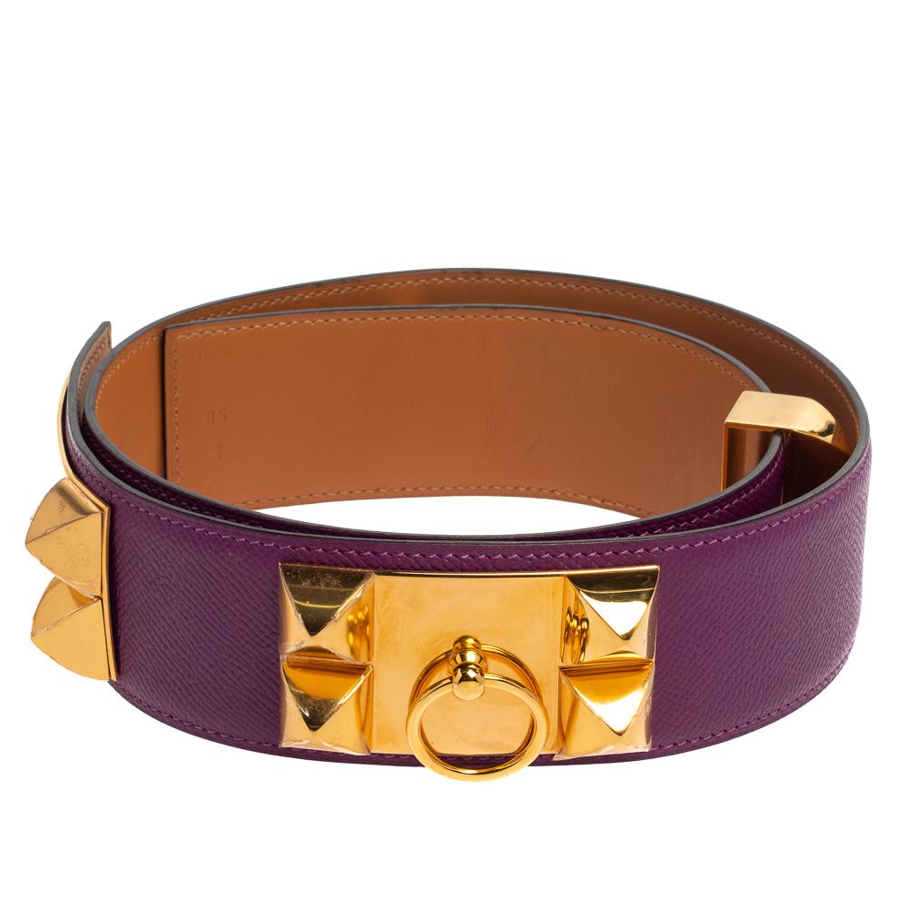 Exuding a downtown, punk vibe, this instantly recognizable belt is from the signature Collier de Chien collection of Hermès. The belt, made of leather, is adorned with the iconic Collier de Chien motif in gold-tone metal featuring pyramid studs and