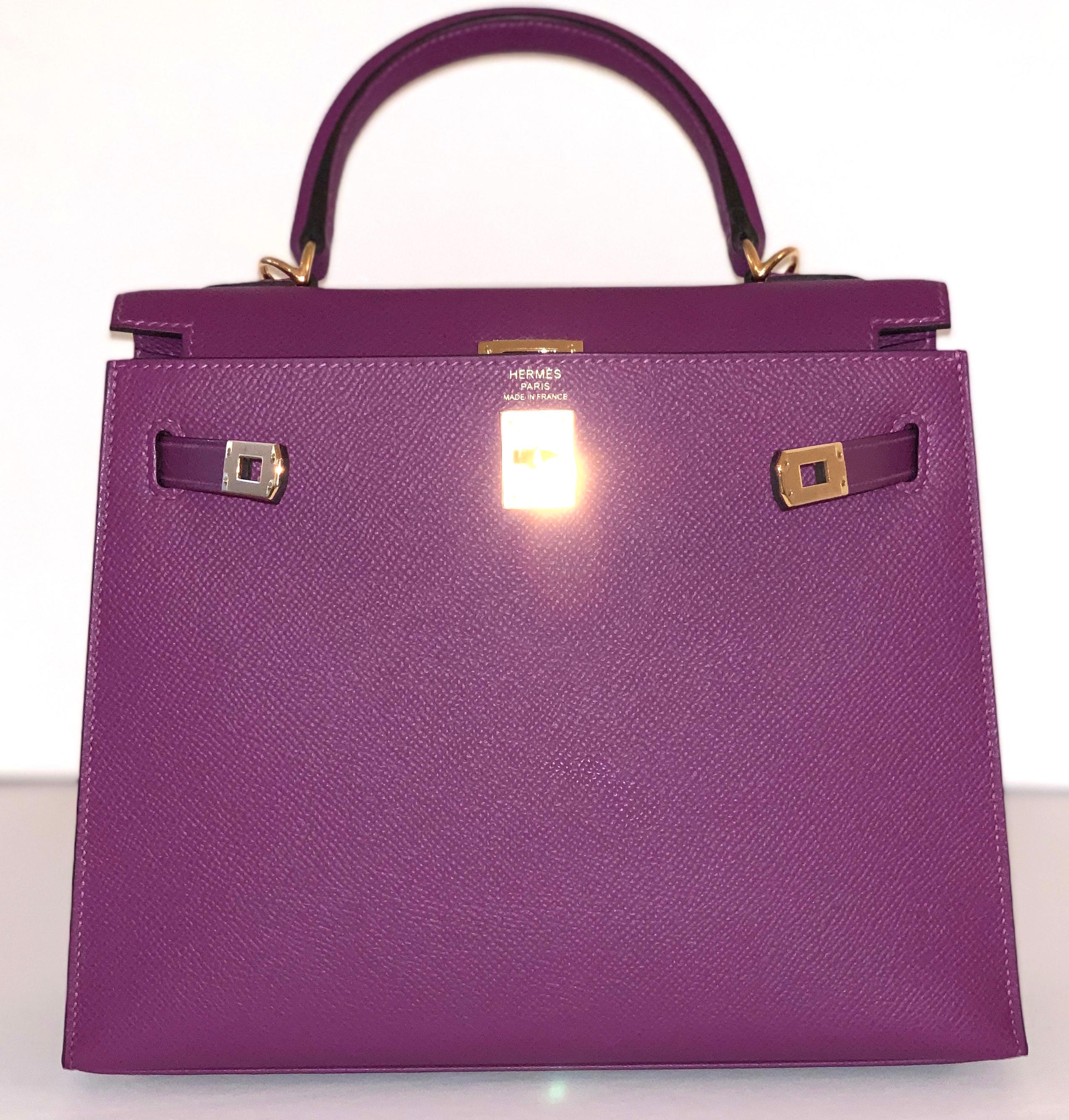 Purple Hermes Anemone Kelly 25  Epsom Sellier Bag Gold Hardware