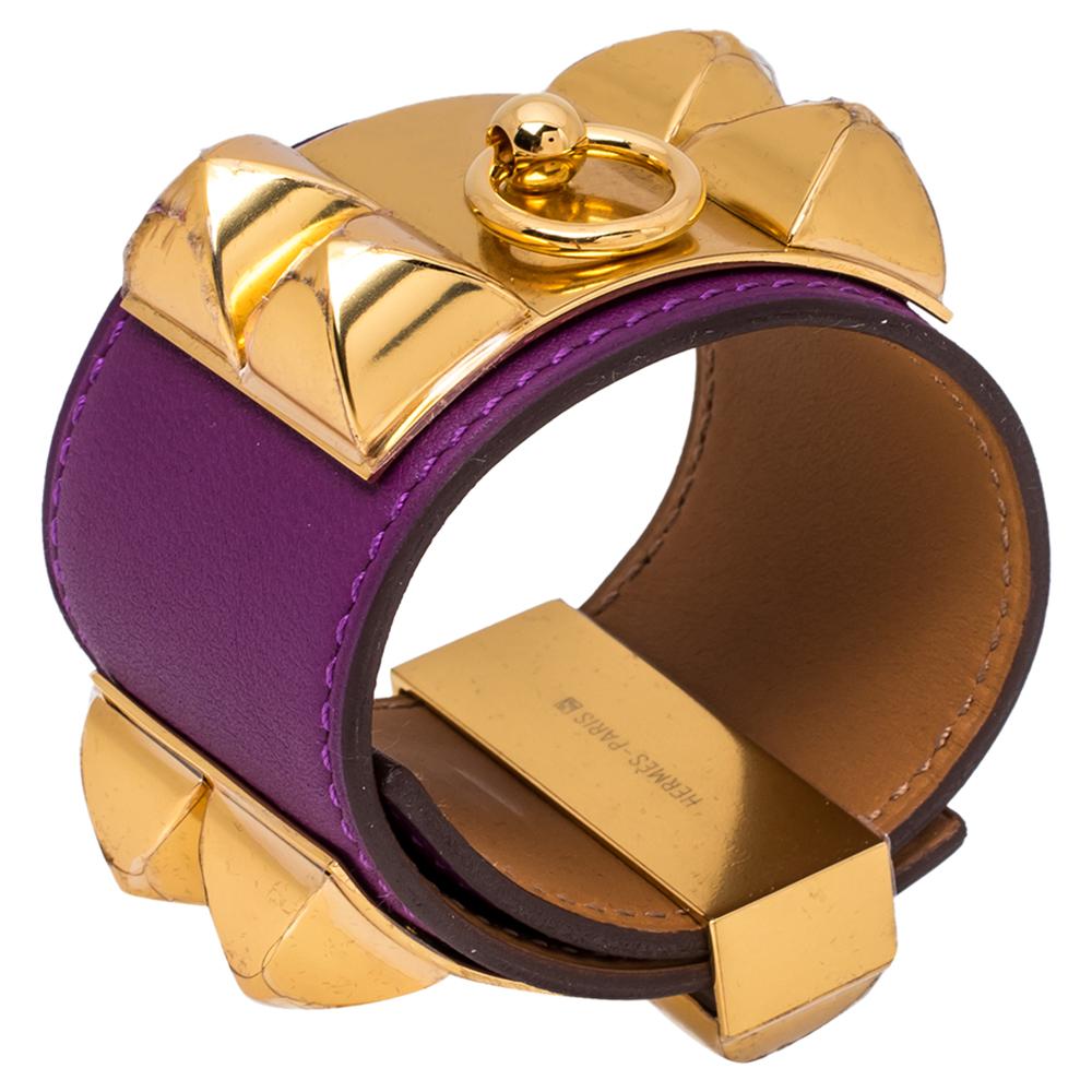 Hermès Anemone Leather Collier de Chien Cuff Bracelet S In Excellent Condition In Dubai, Al Qouz 2