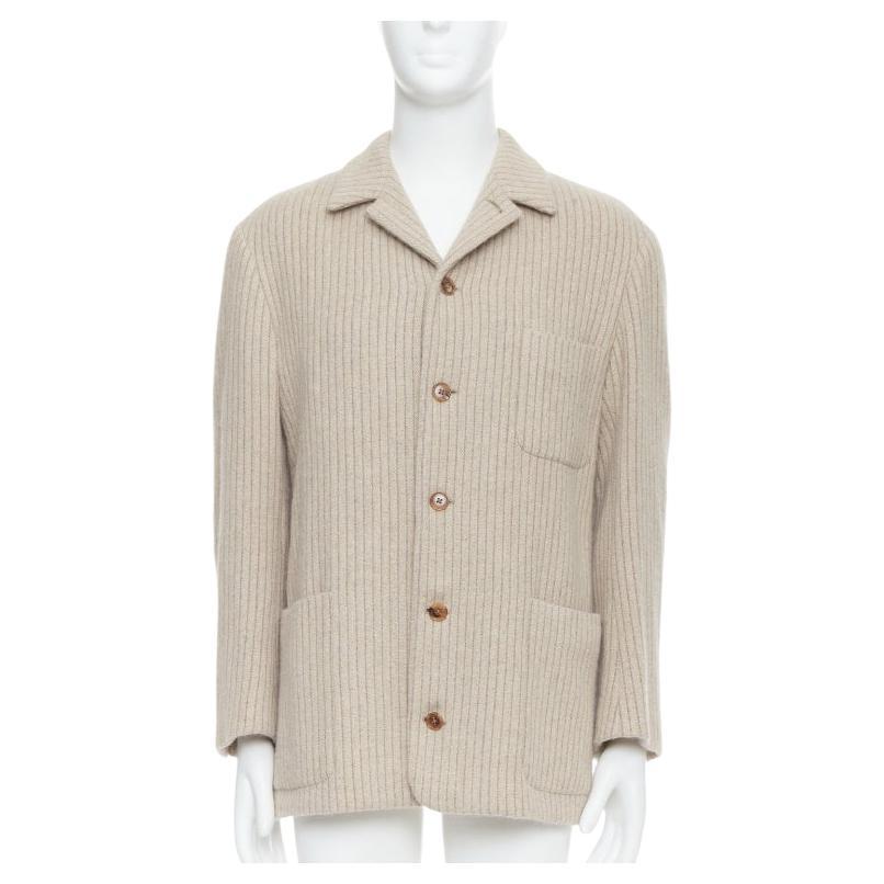 HERMES Blazer boxy in lana d'angora Cashgora beige a righe verticali FR48 I.