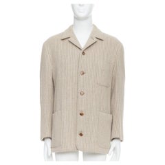 HERMES Blazer boxy in lana d'angora Cashgora beige a righe verticali FR48 I.