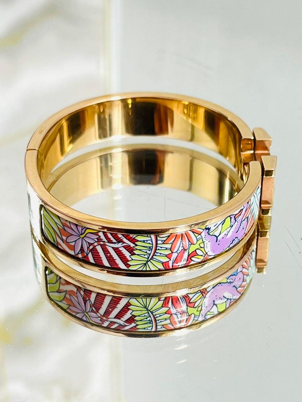 Women's Hermes Animal Enamel & 18k Gold Plated 'H' Clic Clac Bangle For Sale