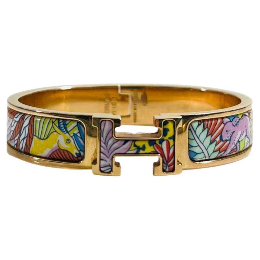 Hermes Animal Enamel & 18k Gold Plated 'H' Clic Clac Bangle For Sale