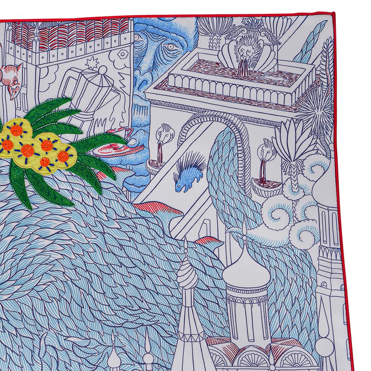 Hermes Animapolis  Fleuri Embroidered Scarf Blanc / Blue Azur / Rouge Silk 90 For Sale 12