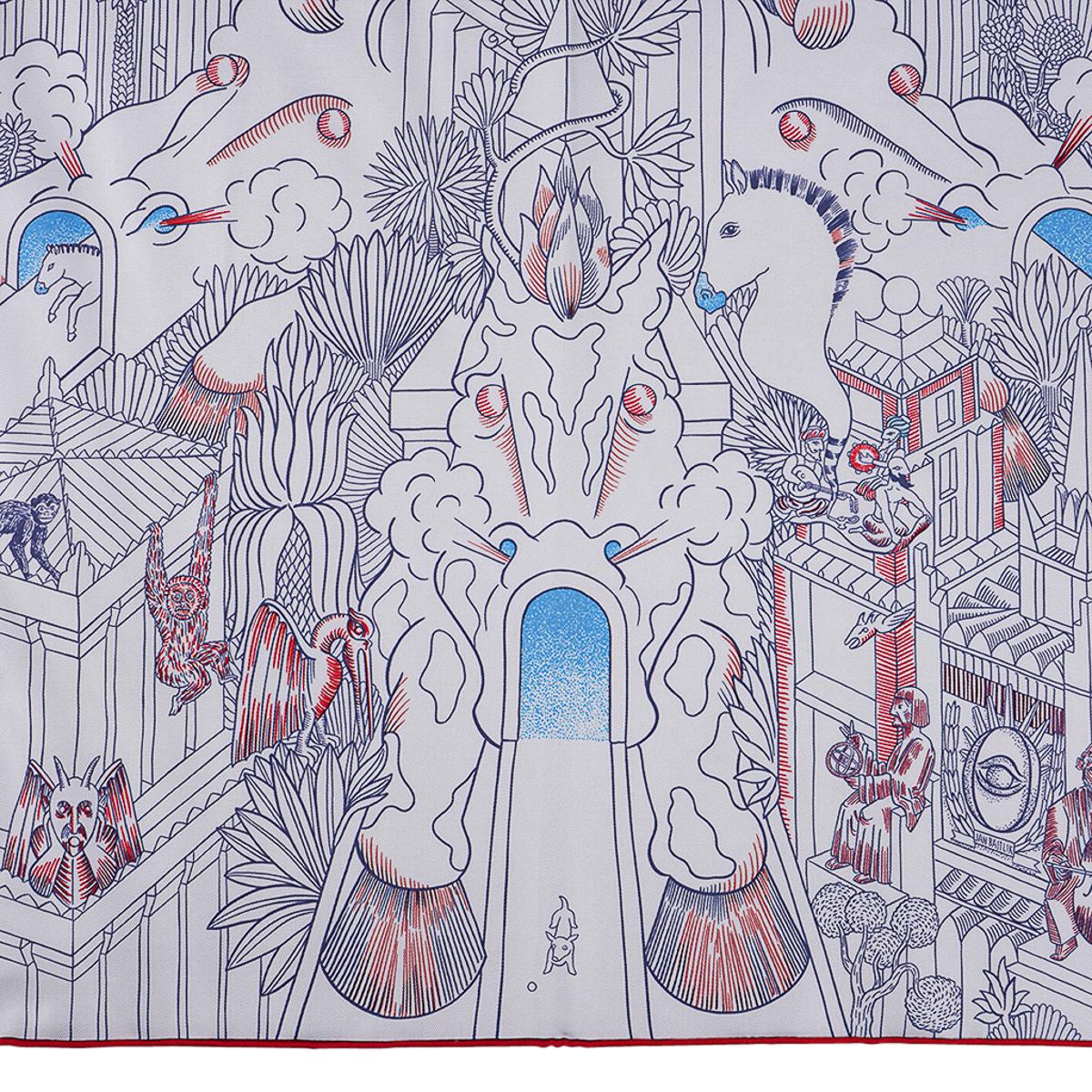 Hermes Animapolis  Fleuri Embroidered Scarf Blanc / Blue Azur / Rouge Silk 90 For Sale 15