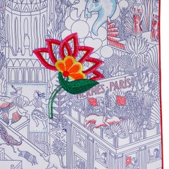 Hermes Animapolis  Fleuri Embroidered Scarf Blanc / Blue Azur / Rouge Silk 90