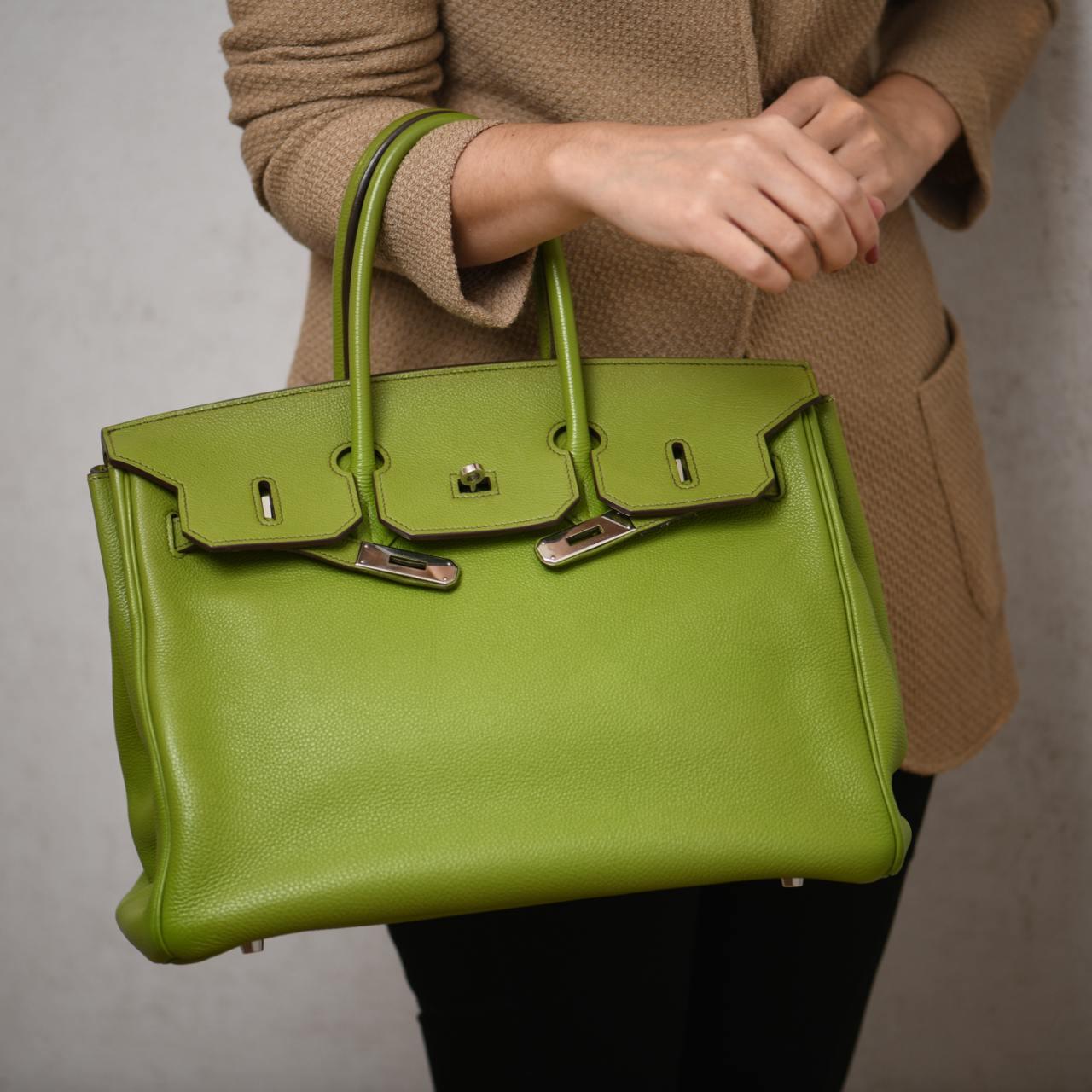 Brand	Hermès
Model	Birkin 35cm
Measurements     approx. 35cm L x 26cm H x 18cm D
Leather    Togo 
Date Stamp	K in a Square	
Color	Green
Date	Circa 2007
Metal	Palladium
Condition	Mint condition 
Comes with	Original Dust Bag, Set of Keys, Padlock,