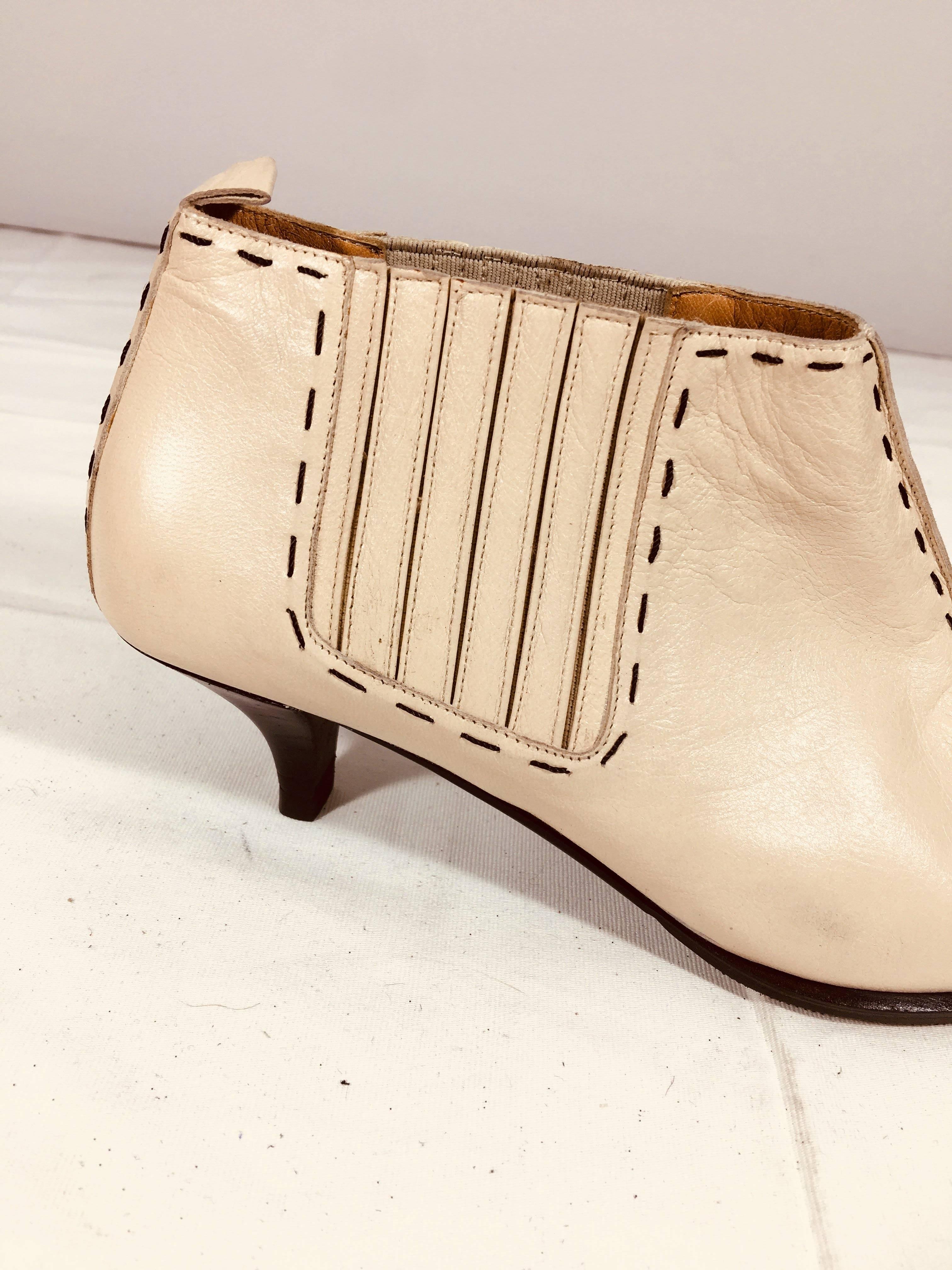 Hermes Slip On Ankle Boots. Pointed Toe with Black Stitching and Kitten Heels in Beige Leather.