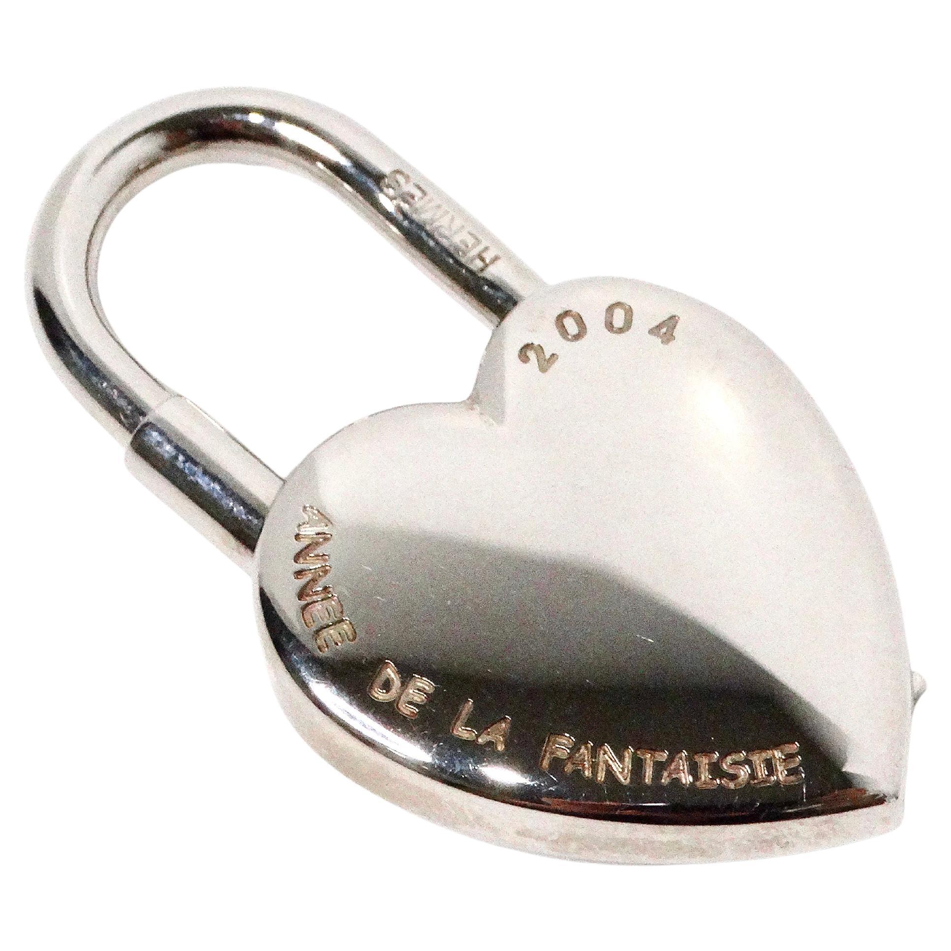 Gray Hermes Annee De LA Fantasie Palladium Plated Heart & Key Padlock Charm 2004 For Sale