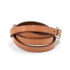 Hermes Api III Brown Leather Silver Tone H Logo Wrap Bracelet