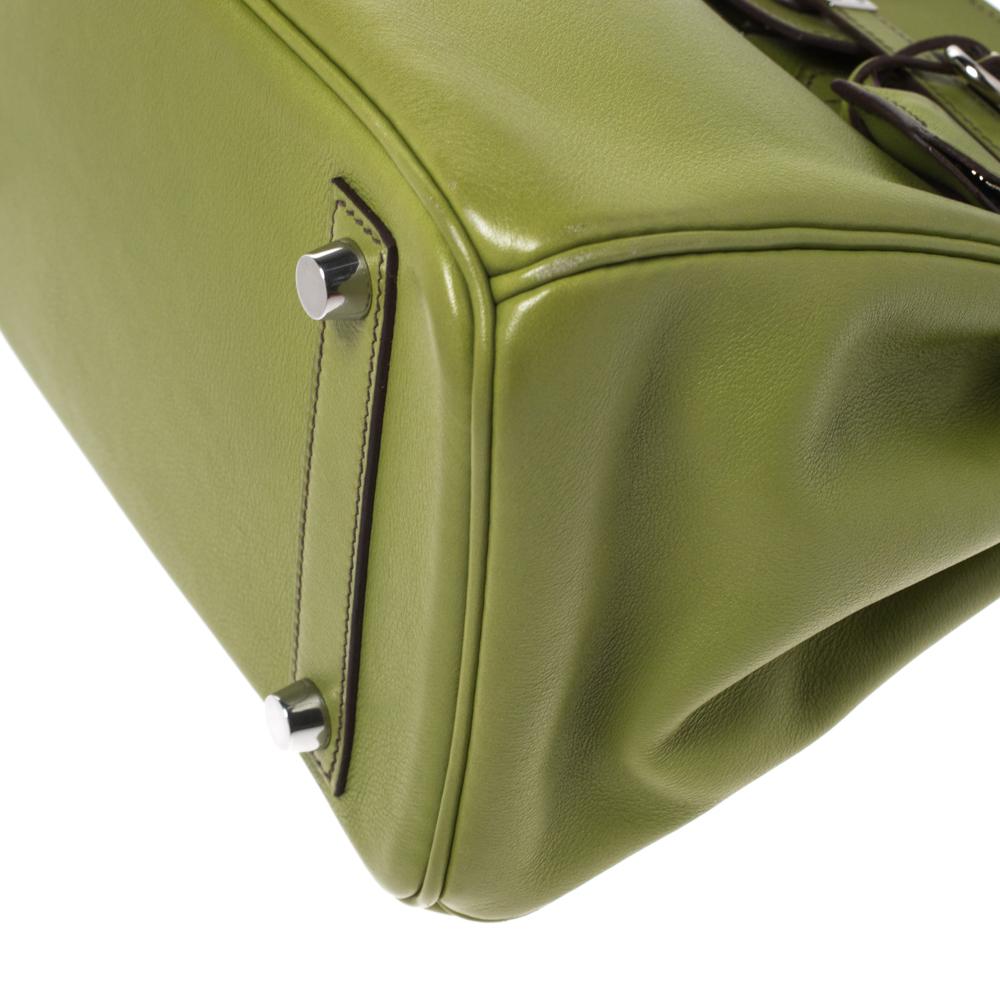 Brown Hermes Apple Green Swift Leather Palladium Hardware Birkin 25 Bag