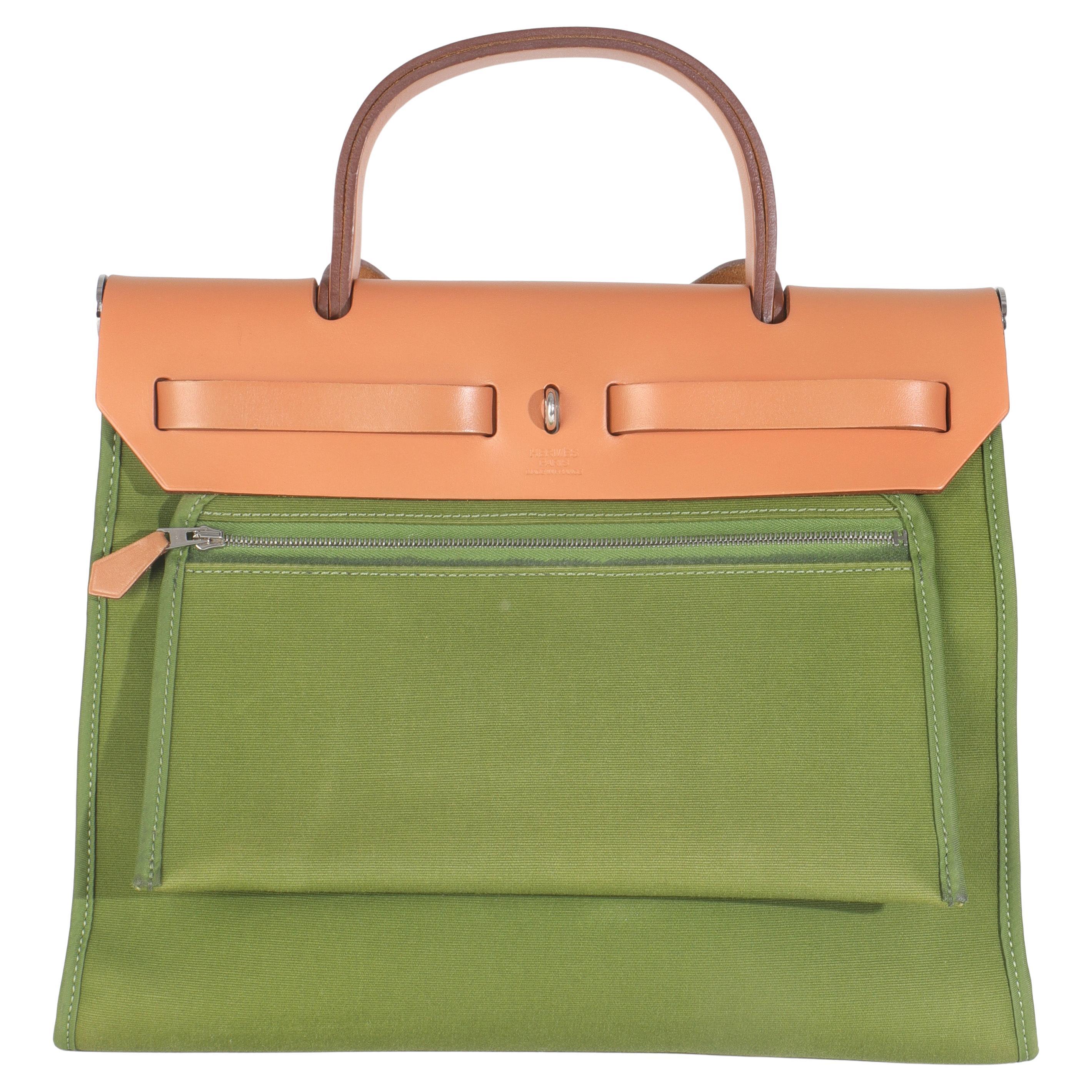 Hermès Apfel Grün Vache Hunter Toile Herbag Zip 31 PHW im Angebot