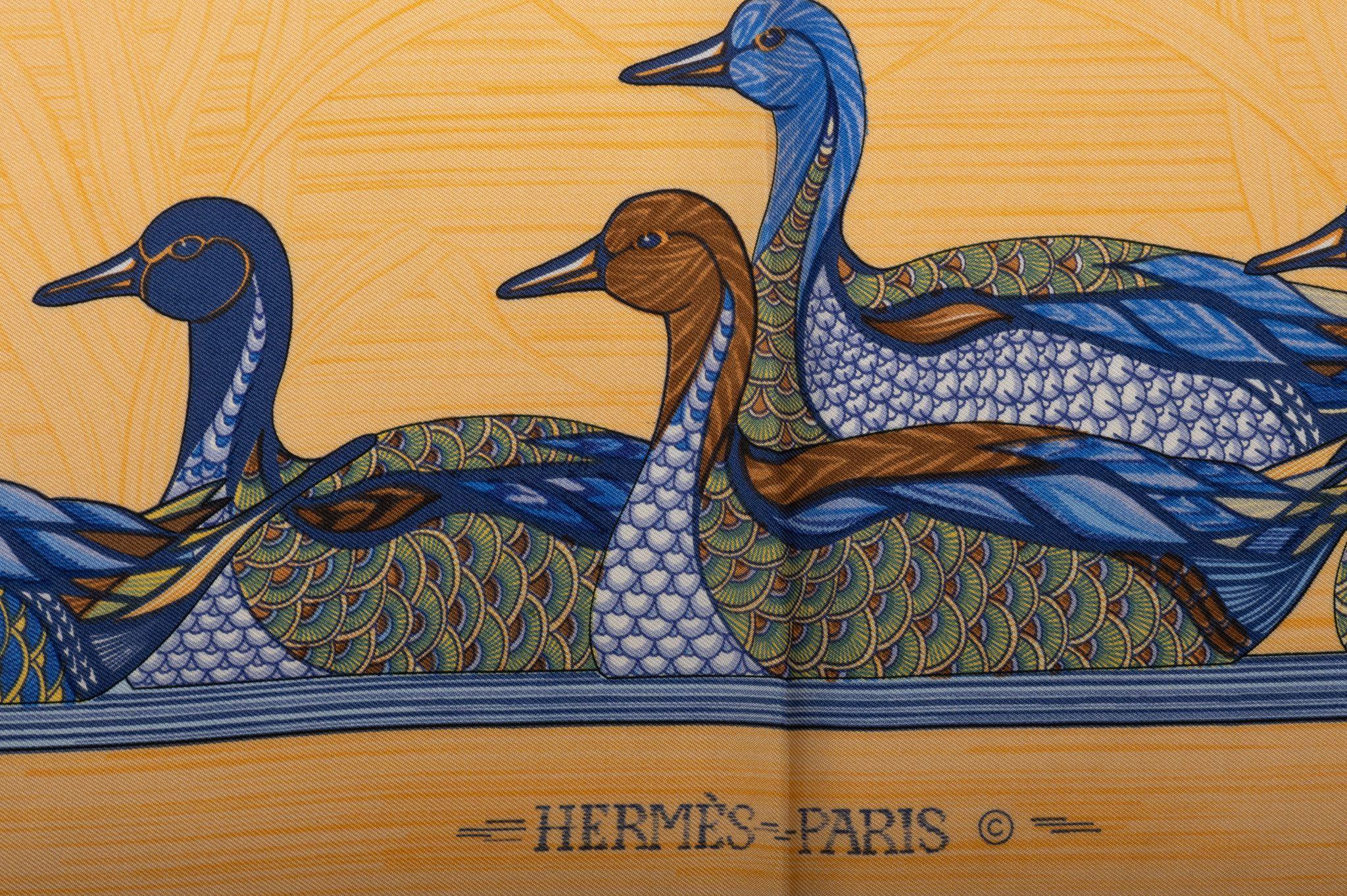 Brown Hermes Apricot/Blue Ducks Silk Scarf For Sale