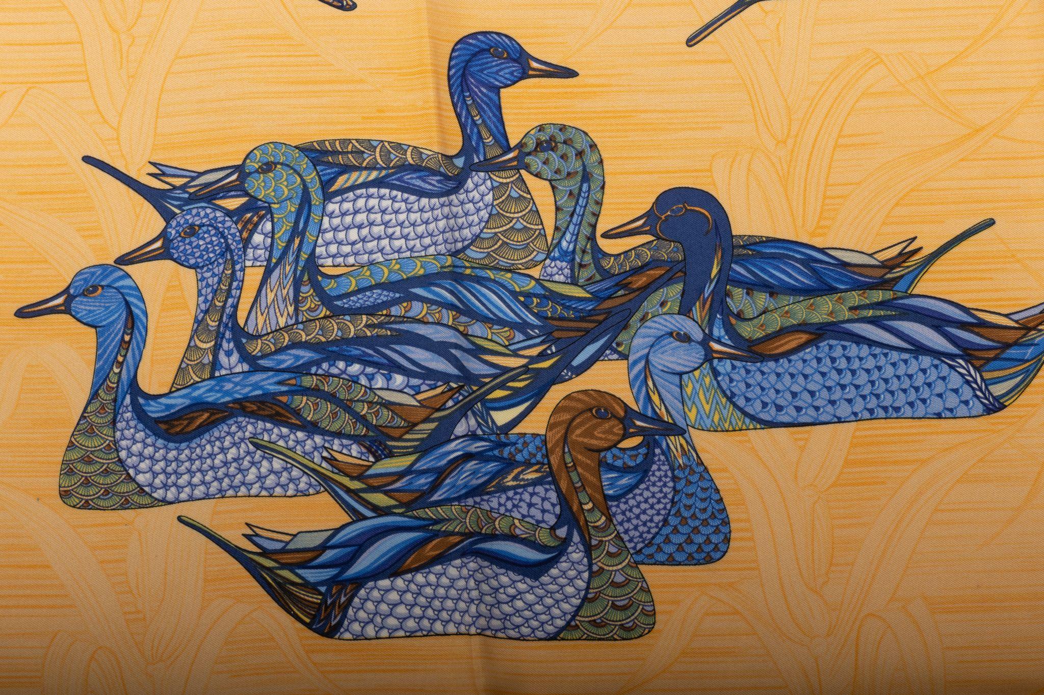 Hermes Apricot/Blue Ducks Silk Scarf In Excellent Condition For Sale In West Hollywood, CA