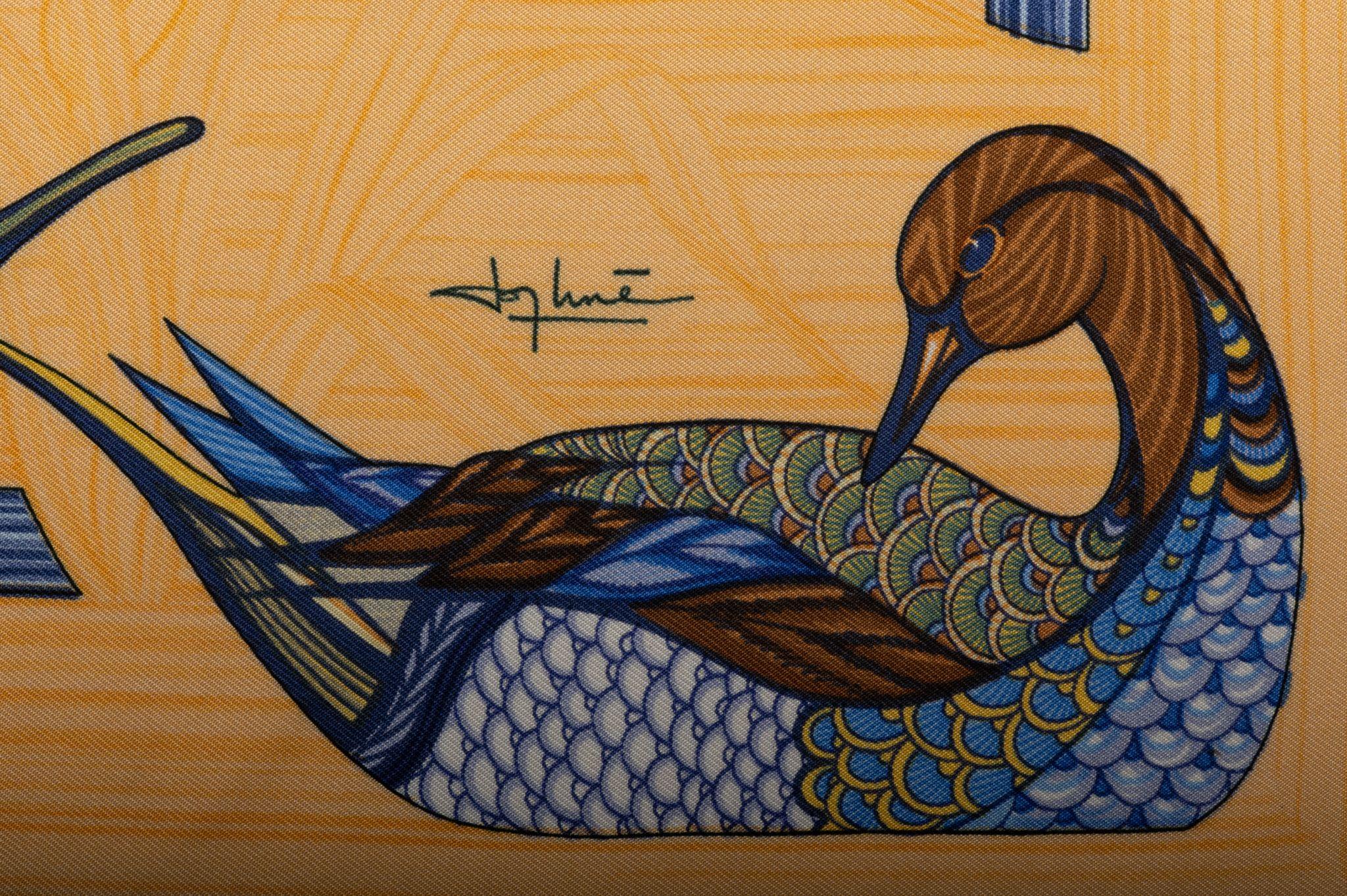 Hermes Apricot/Blue Ducks Silk Scarf For Sale 1