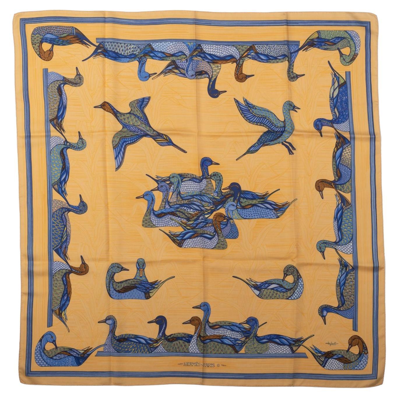 Hermes Apricot/Blue Ducks Silk Scarf For Sale at 1stDibs