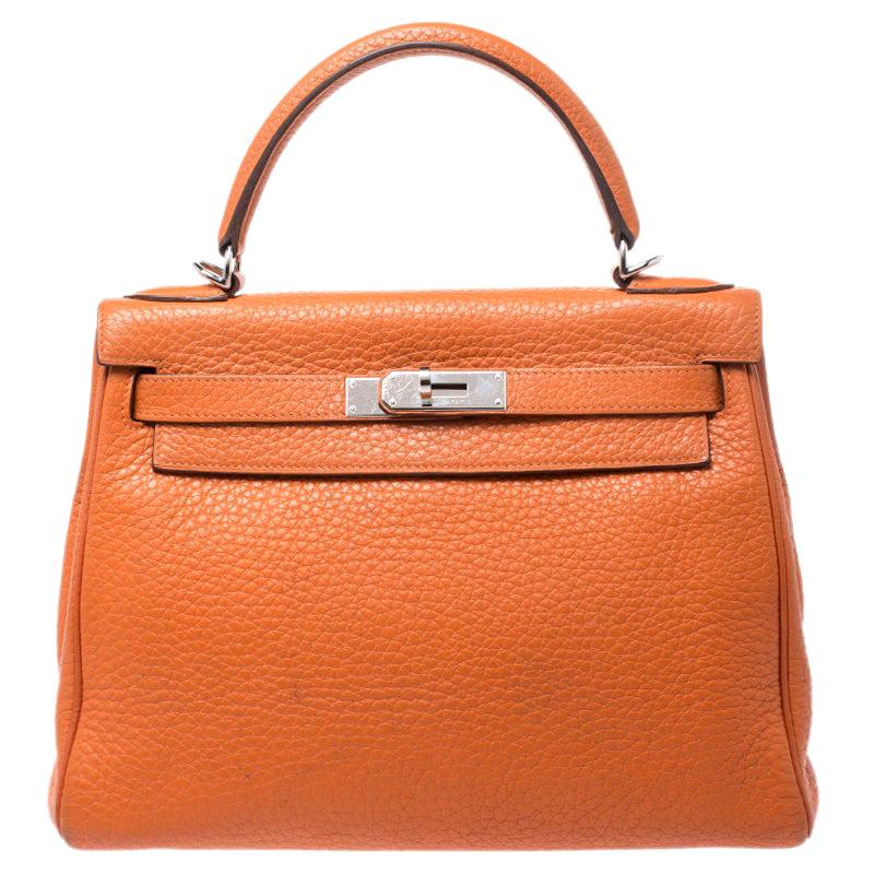 Hermes Apricot Clemence Leather Palladium Hardware Kelly Retourne 28 Bag