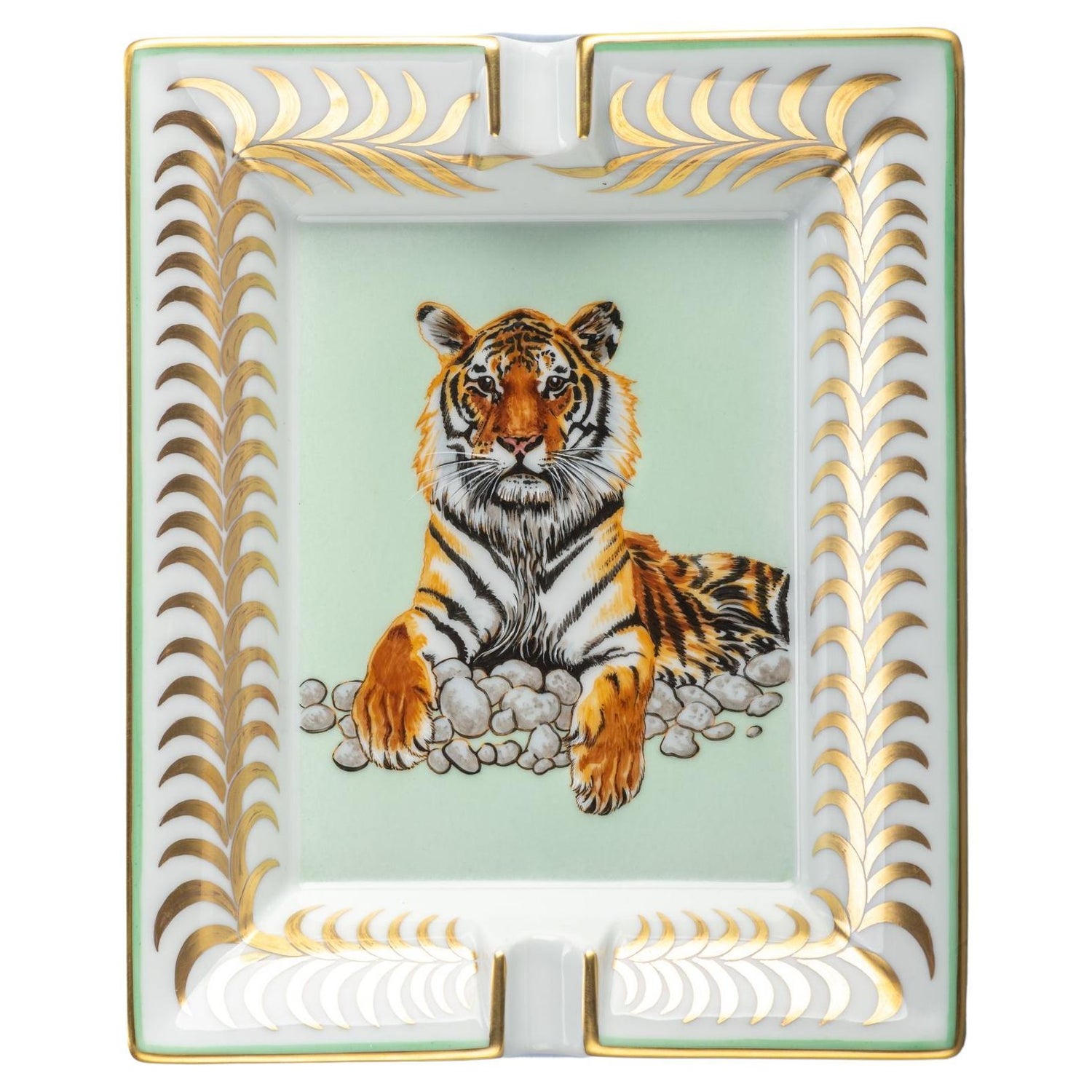 Hermes Tigre en Miroir Ashtray Limoges Porcelain Gold Edge