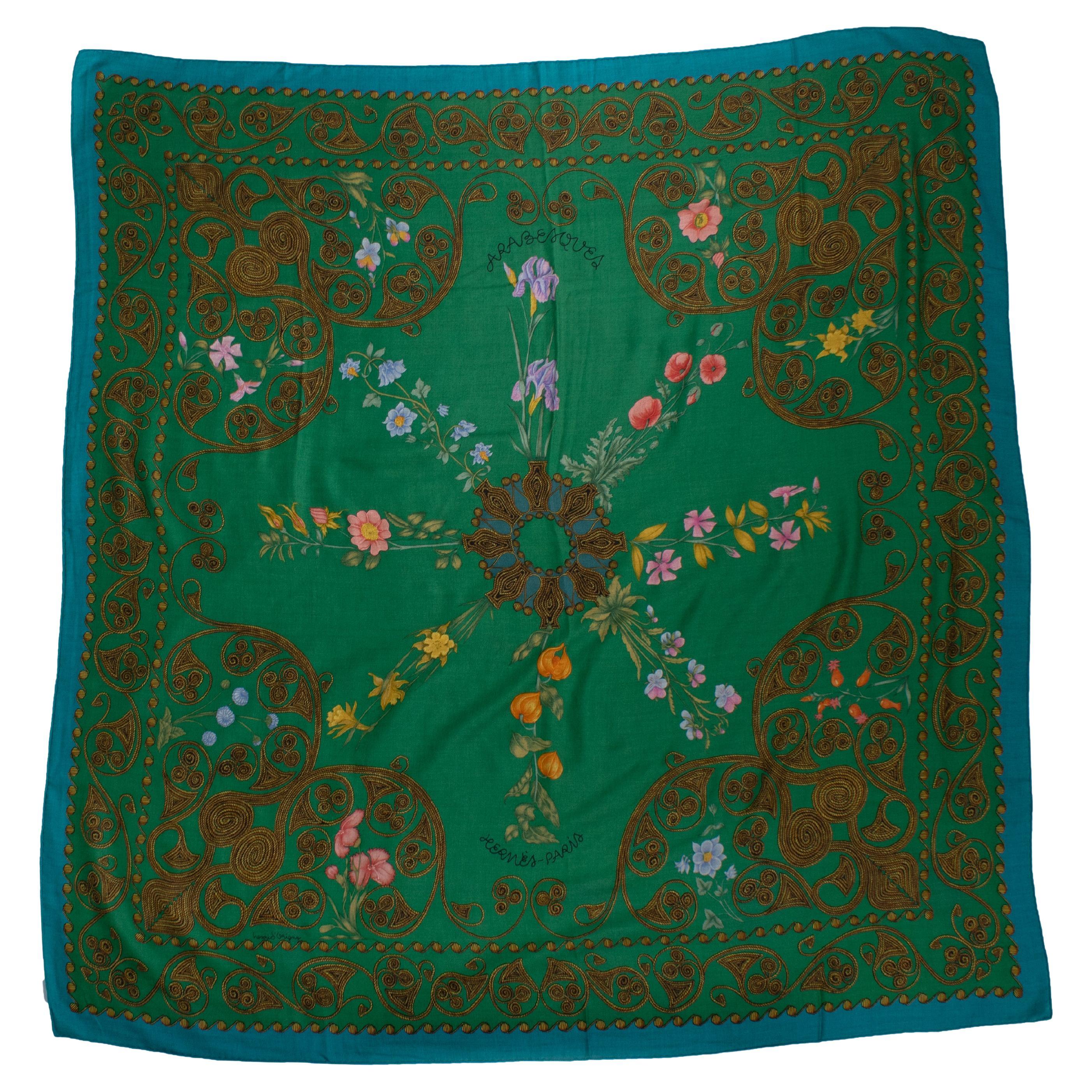 Hermes, Arabesques cashmere scarf in green and blue en venta