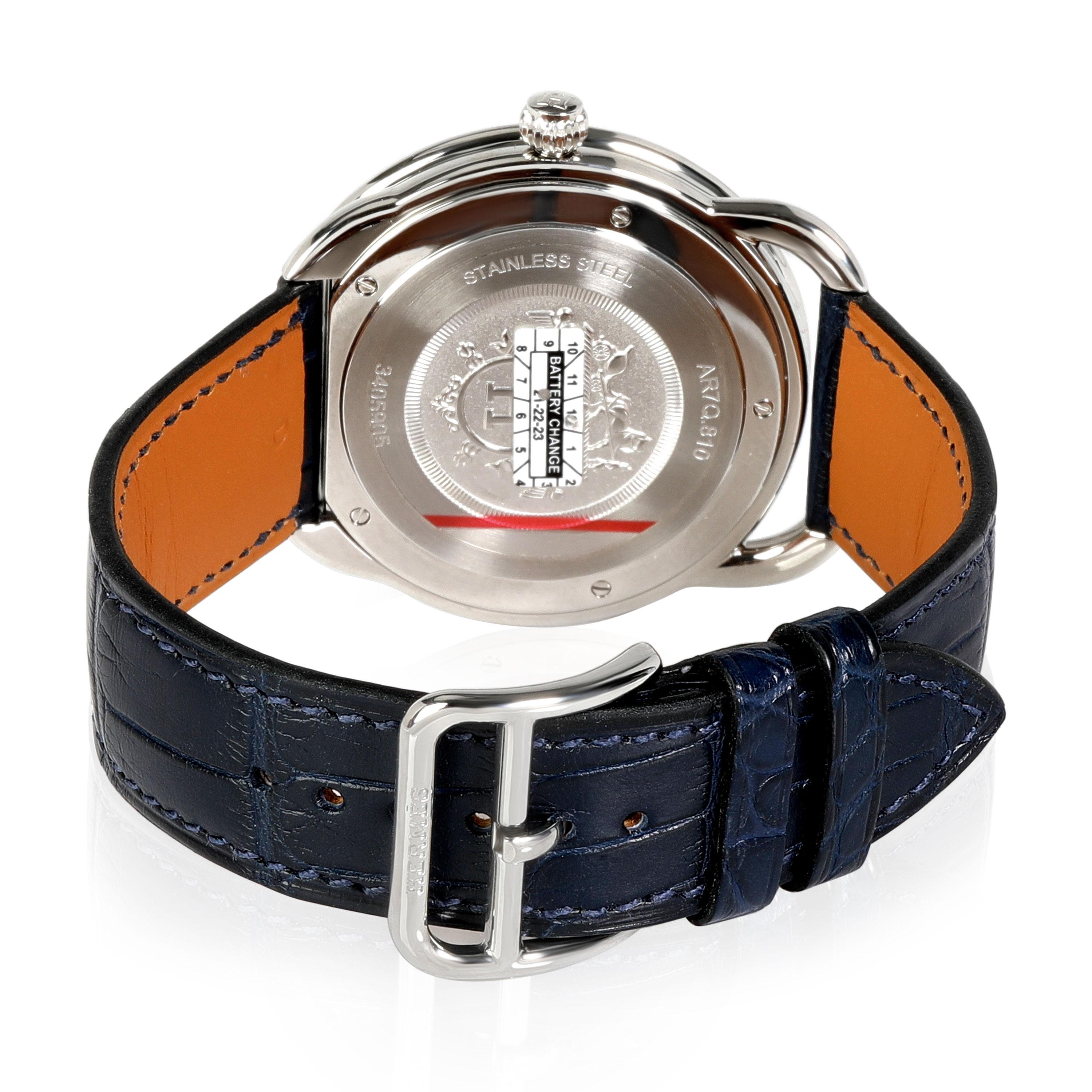 Hermès Arceau AR7Q.810 Men's Watch in  Stainless Steel

SKU: 112932

PRIMARY DETAILS
Brand: Hermès
Model: Arceau
Country of Origin: Switzerland
Movement Type: Quartz: Battery
Year Manufactured: 2020
Year of Manufacture: 2020-2029
Condition: Retail