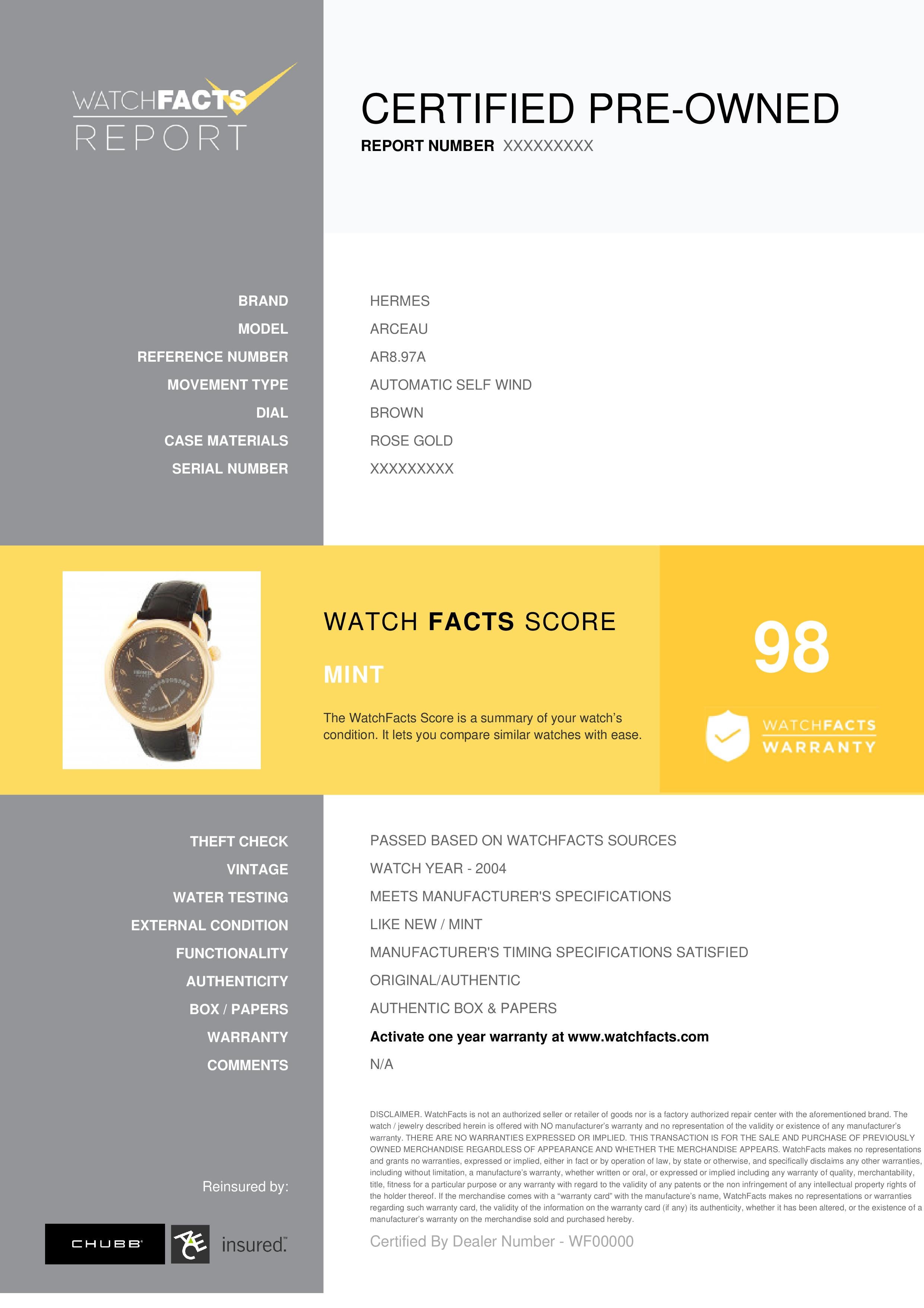 Hermès Arceau N° de référence : AR8.97A. Mens Automatic Self Wind Watch Rose Gold Brown 43 MM. Vérifié et certifié par WatchFacts. garantie de 1 an offerte par WatchFacts