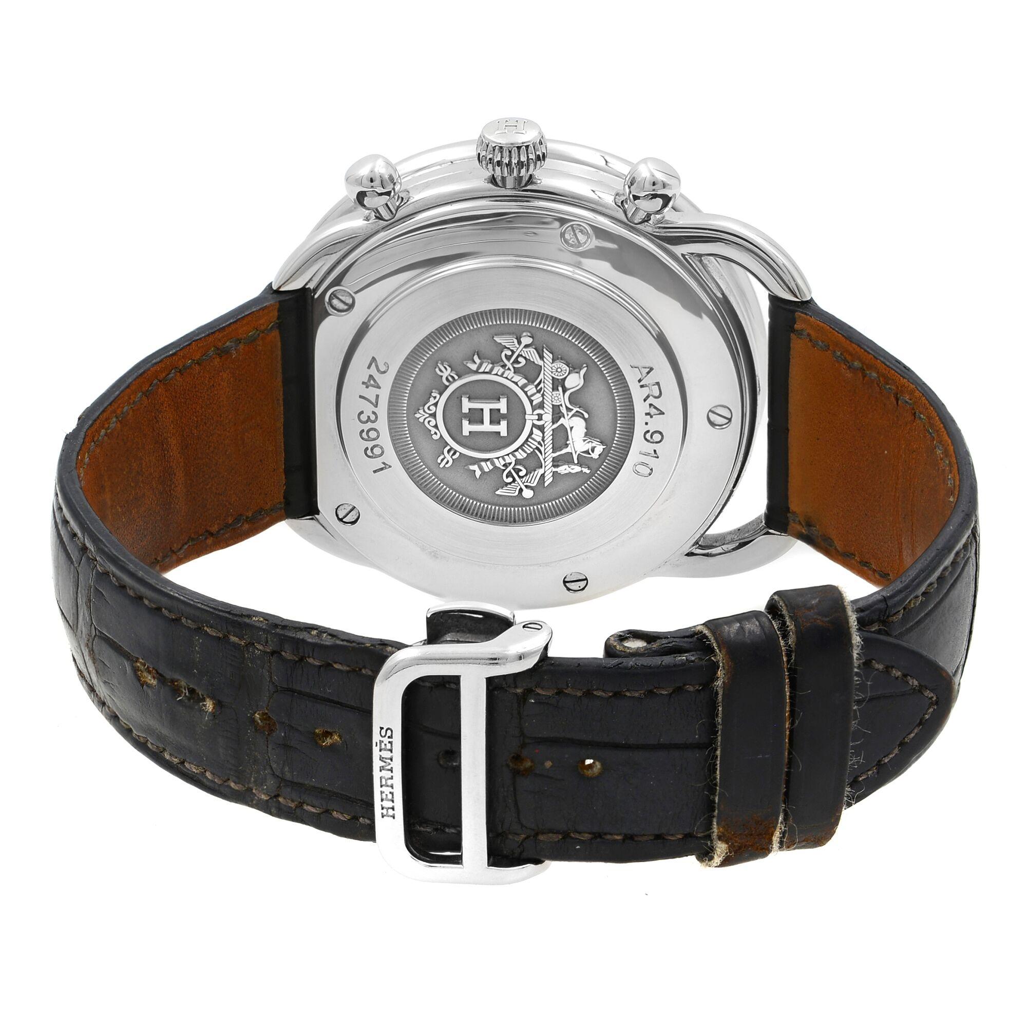 Hermes Arceau Chronograph Steel Brown Dial Automatic Men's Watch AR4.910 In Fair Condition In New York, NY