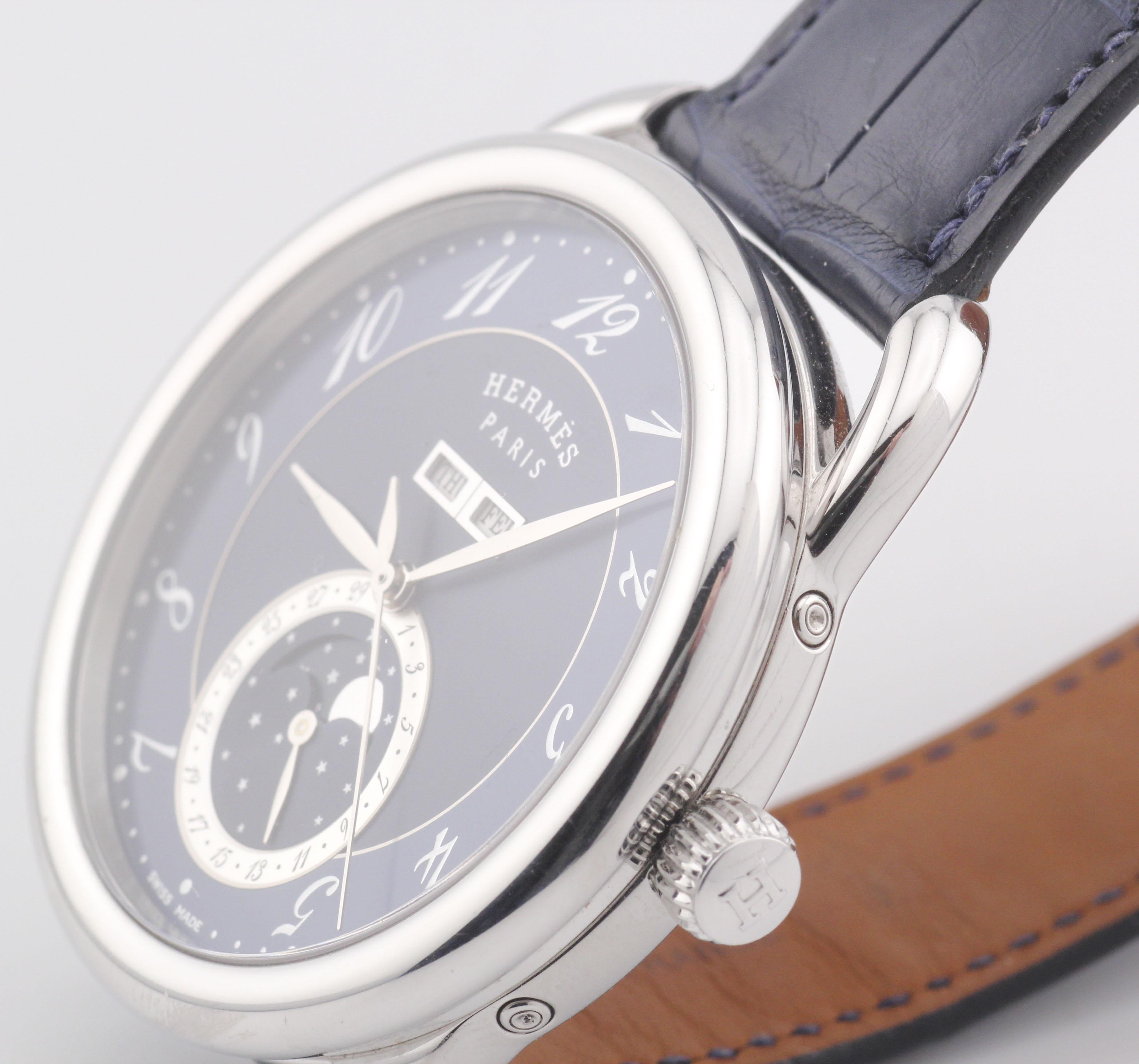Hermes Arceau Grand Lune Triple Calendar Moonphase Steel Watch 43mm w/Box Papers For Sale 6