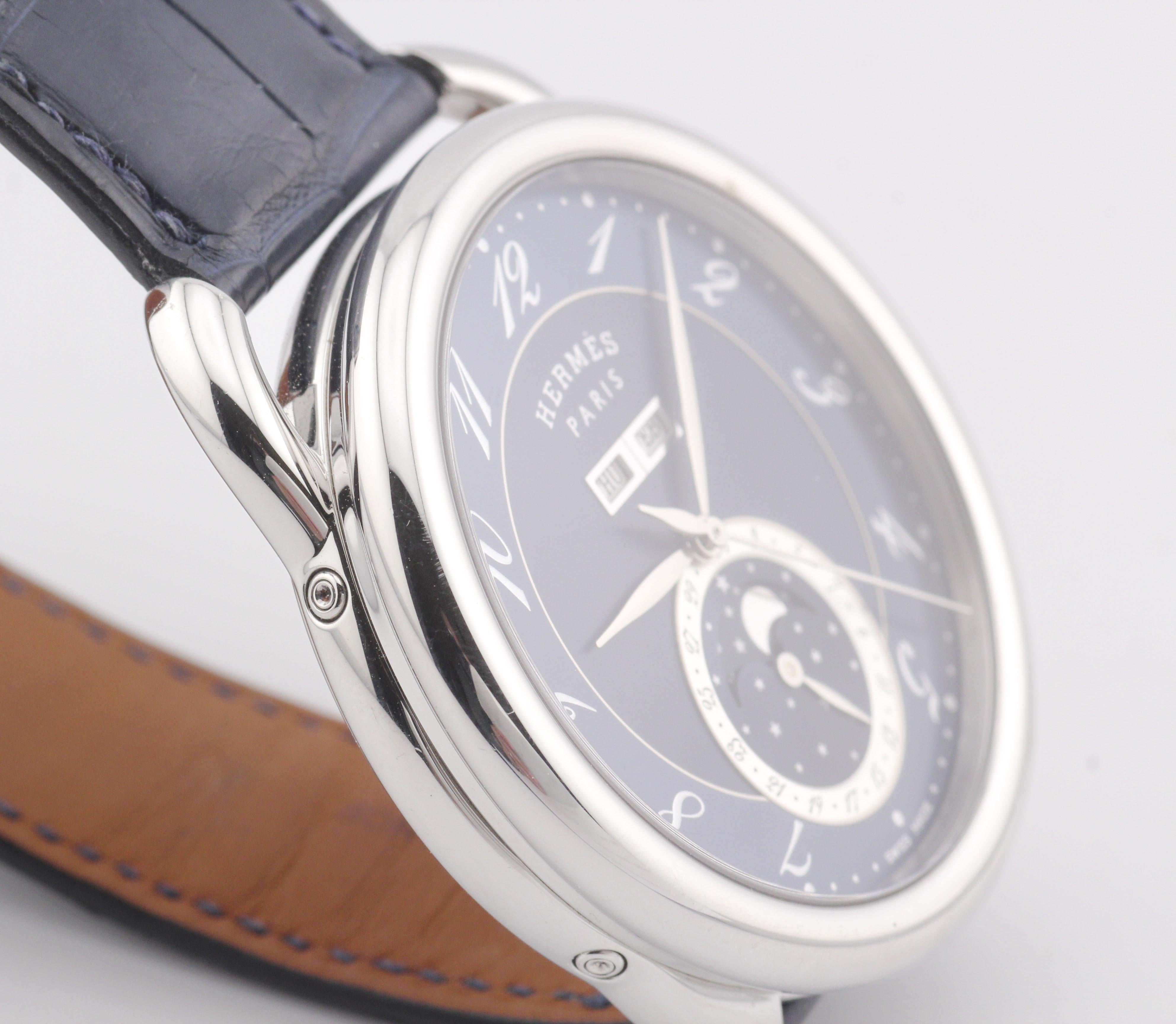 Hermes Arceau Grand Lune Triple Calendar Moonphase Steel Watch 43mm w/Box Papers For Sale 7