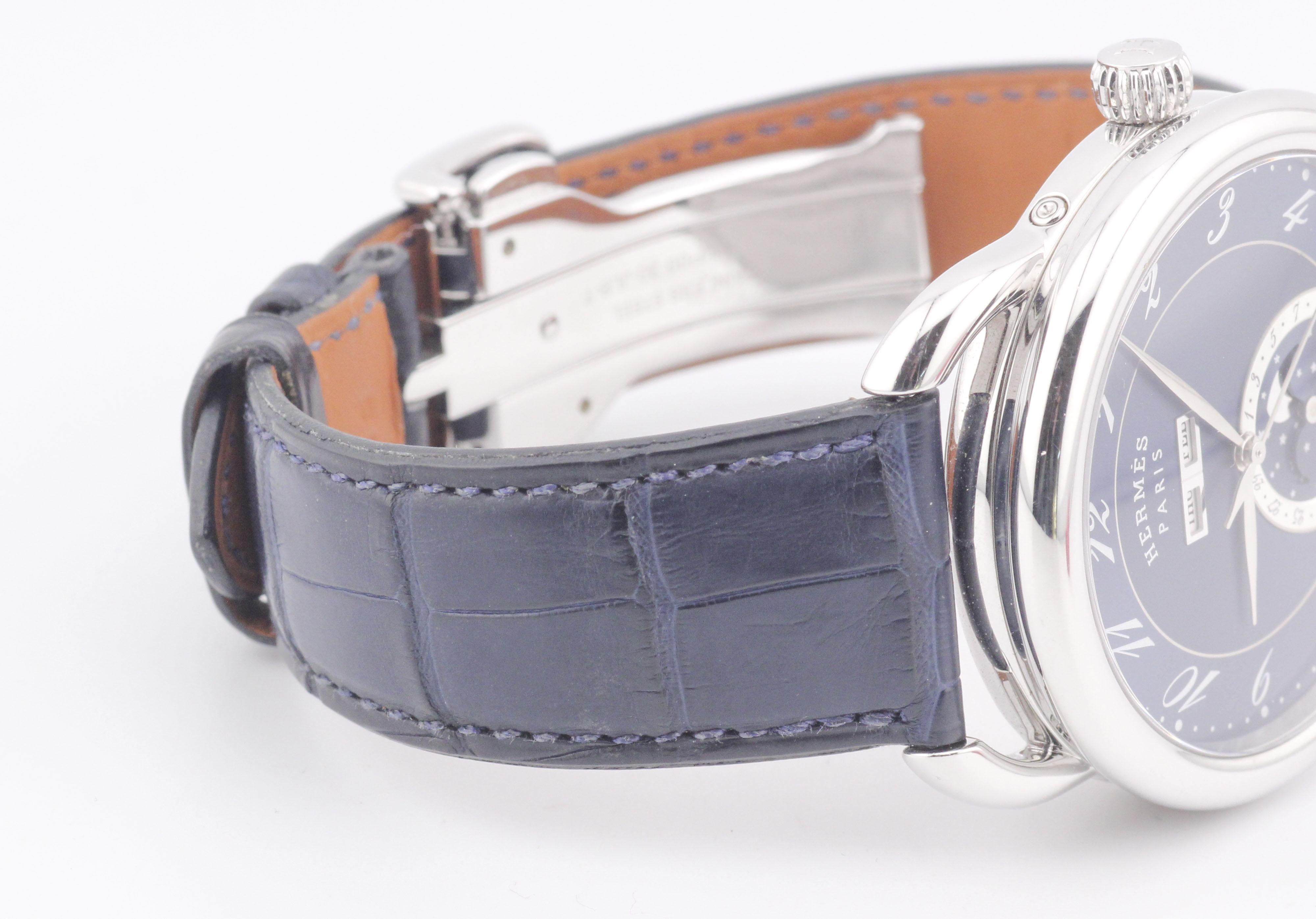 Men's Hermes Arceau Grand Lune Triple Calendar Moonphase Steel Watch 43mm w/Box Papers For Sale